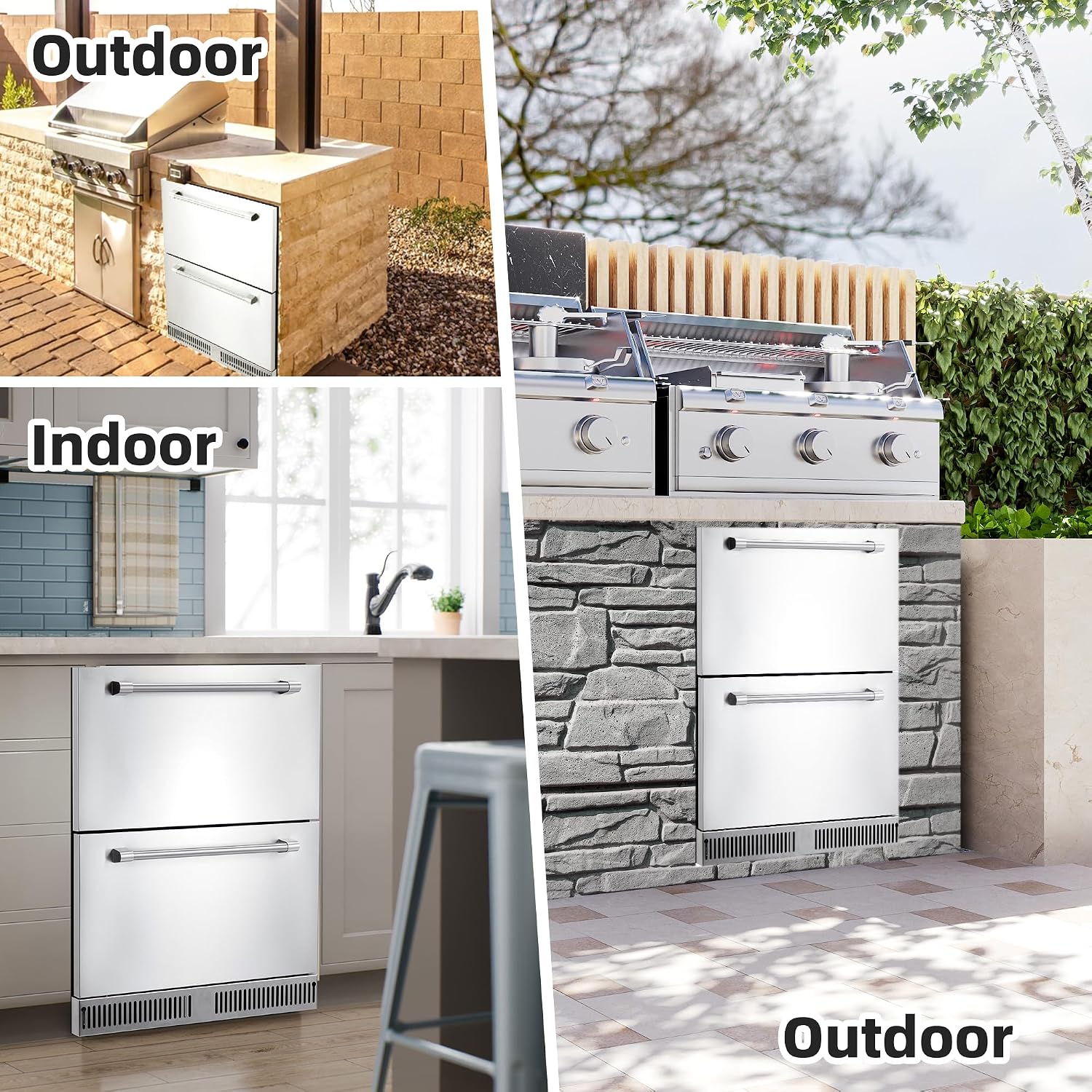 Garvee 24 in Outdoor Drawer Fridge, Counter Double Drawer Beverage Refrigerator, 5.2 Cu.Ft. Weather Proof Stainless Steel Built-in Fridge for Residential Commercial Use Black