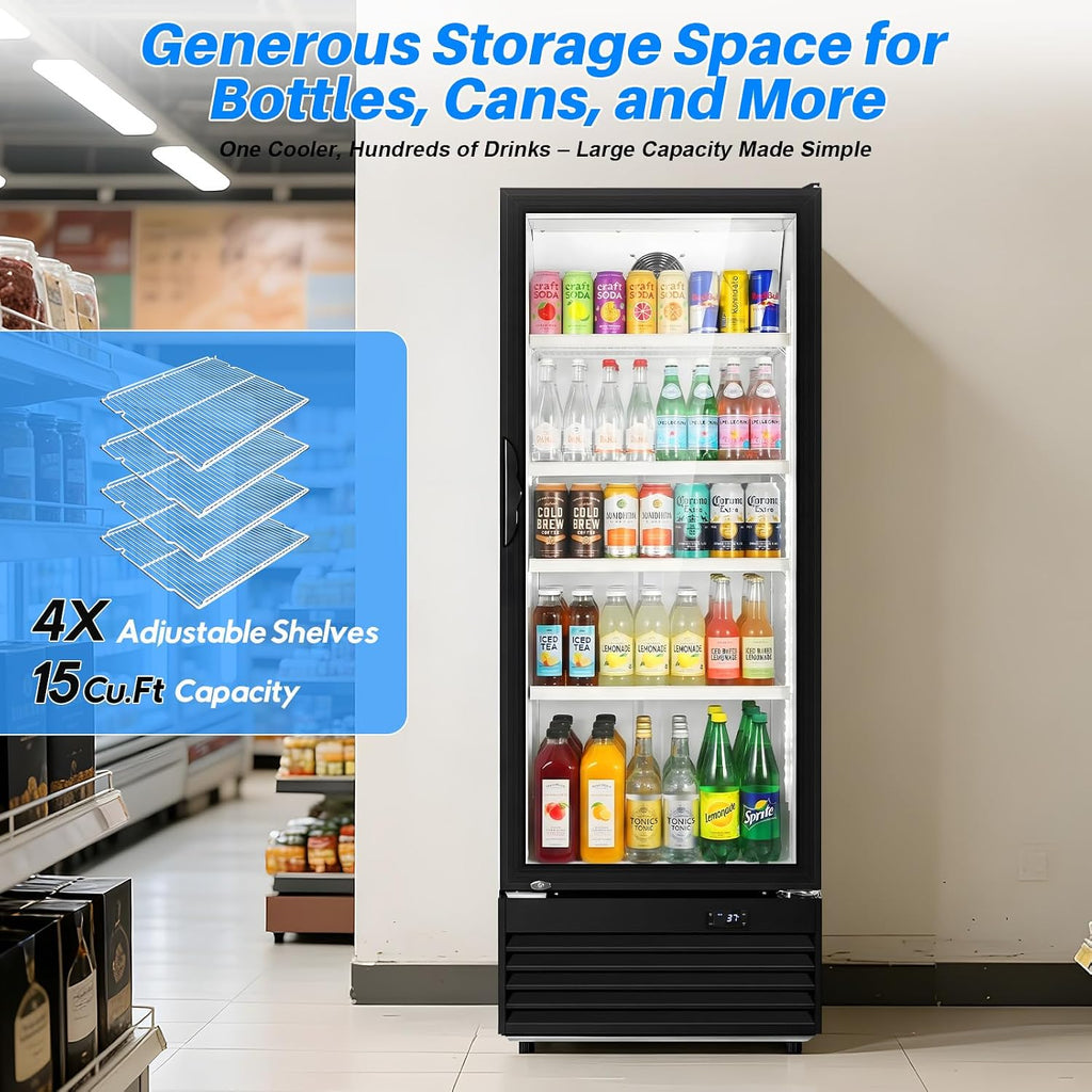 Commercial Beverage Refrigerator, 24.5' Glass Door Display Fridge, 15 Cu.Ft Freestanding Beverage Cooler with 4 Adjustable Shelves, Auto Rebound Door, Low Noise, for Shops, Restaurants & Bars, Black