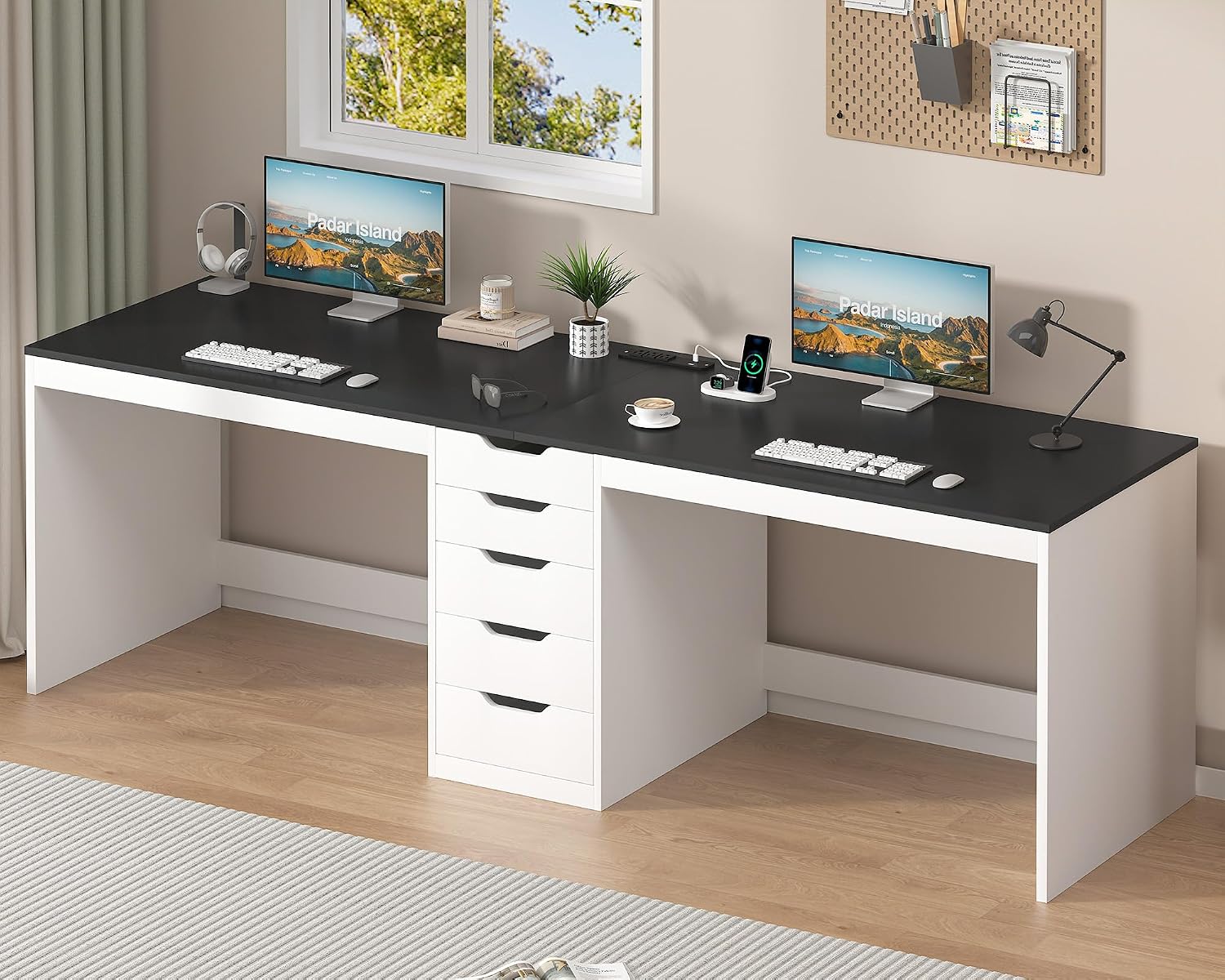 YOMILUVE 2 Person Desk with 5 Drawers and Power Outlets, 78.7 Inch Long Computer Desk with Storage File Cabinet, Two Person Home Office Double Desk with Storage, Black and White