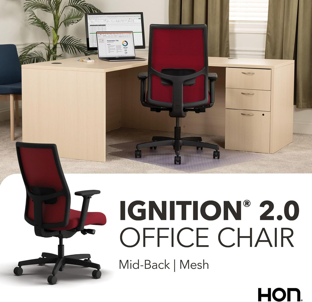 HON Ignition 2.0 Mid‑Back Ergonomic Office Chair, Mesh Task Seating with Lumbar Support, Advanced Synchro‑Tilt, Height and Width Adjustable Arms, Black Frame, Bullseye