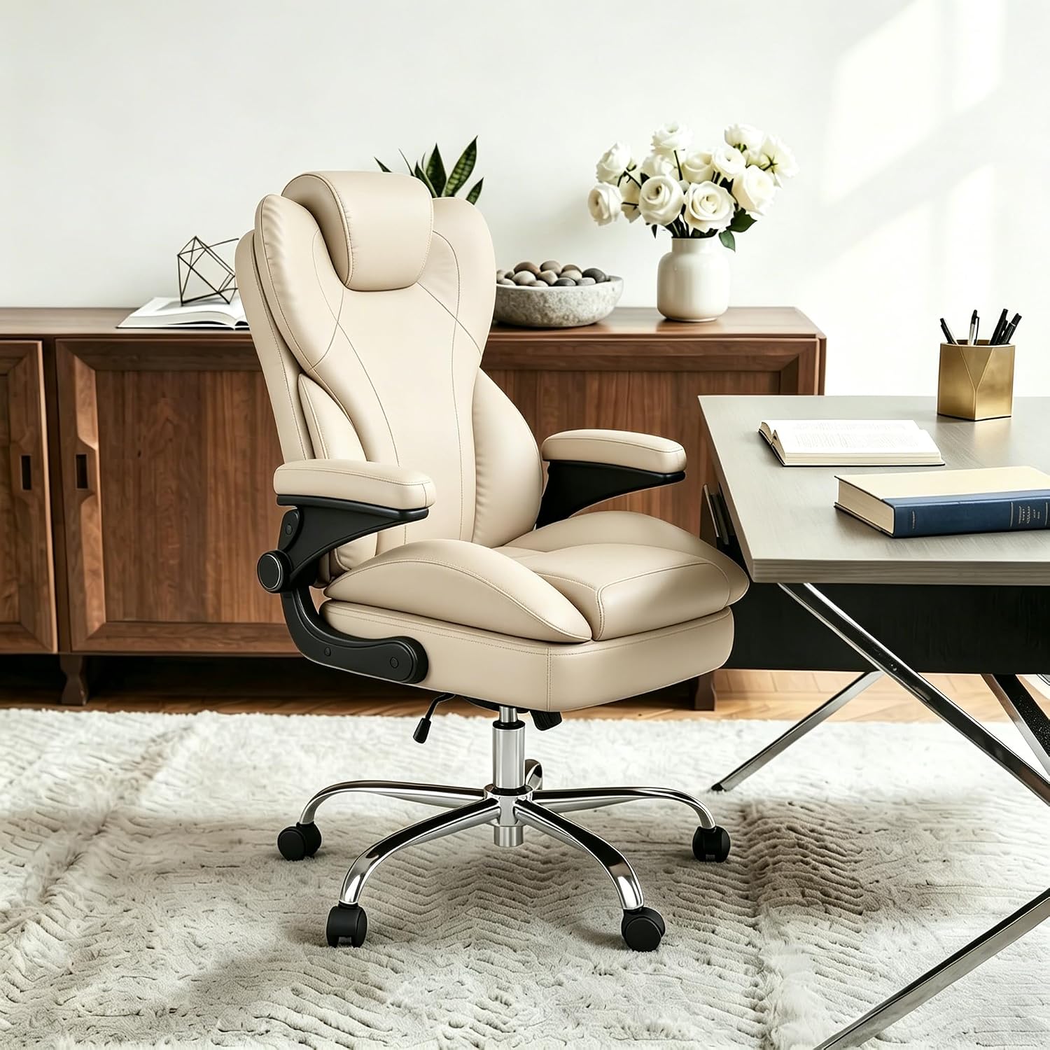 Office Desk Chair, Executive Leather Office Chair, High Back Ergonomic Home Desk Chair with Padded Flip-up Arms, Big and Tall Computer Chair with Rocking Function, 360°Swivel Free, Beige