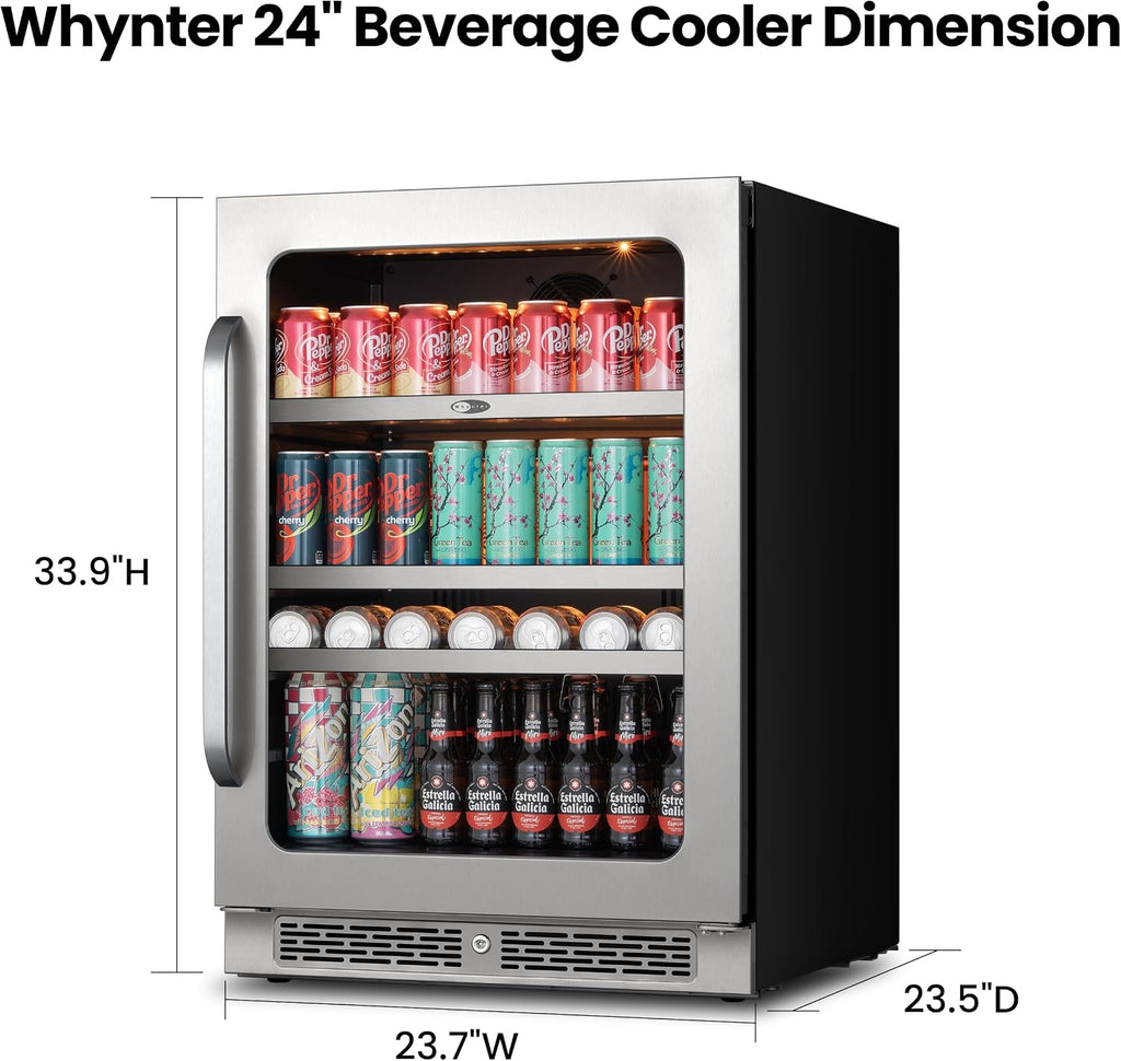 Whynter Beverage Refrigerator 24 Inch Drink Fridge with Glass Door Beverage Cooler 140 Cans Under Counter Beverage Fridge Freestanding 3 LED 34-54°F for Beer Home Bar Premium Series 5.65 cu.ft