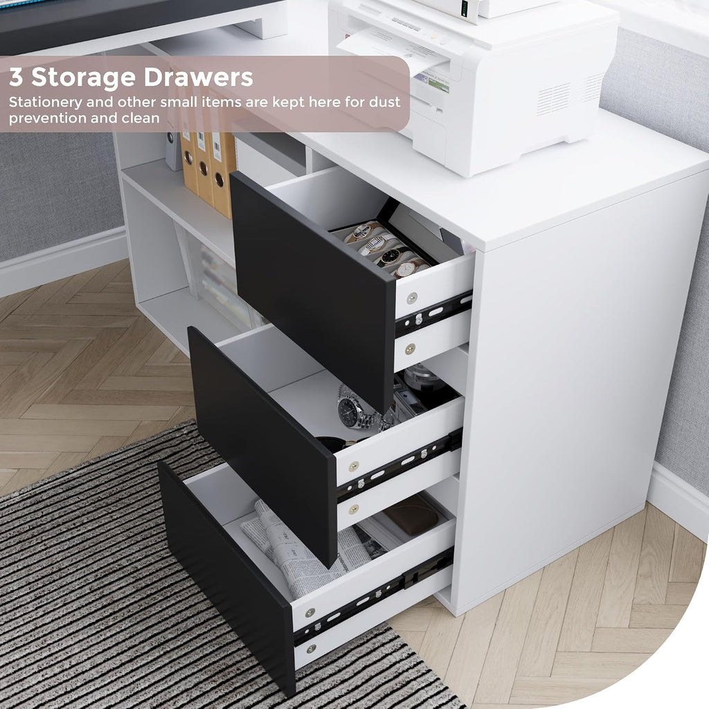 Home Office Computer Desk Corner Desk with 3 Black Drawers and 2 Shelves, 53-inch L-Shaped Study Desk with Storage, White + Black
