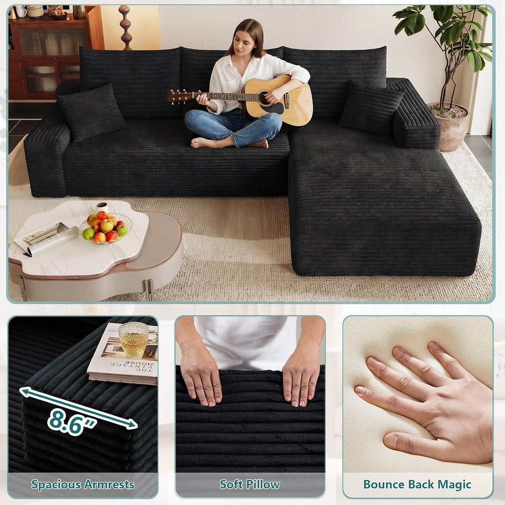 95' Modular Sectional Couch, Boneless L Shaped Cloud Sofa with Chaise Lounge, Corduroy Upholstered Couches Memory Foam Deep Seat, No Assembly Required, Ideal for Living Room(Black, Right Facing)