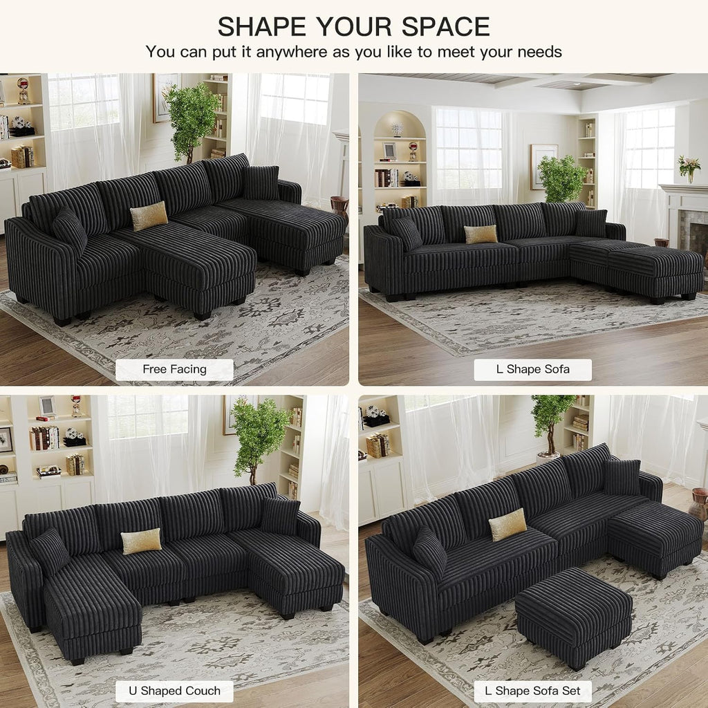 Belffin U Shaped Couch with Reversible Chaises Sectional Couches for Living Room Sectional Couch with Ottomans Corduroy (Dark Grey, U Shaped)