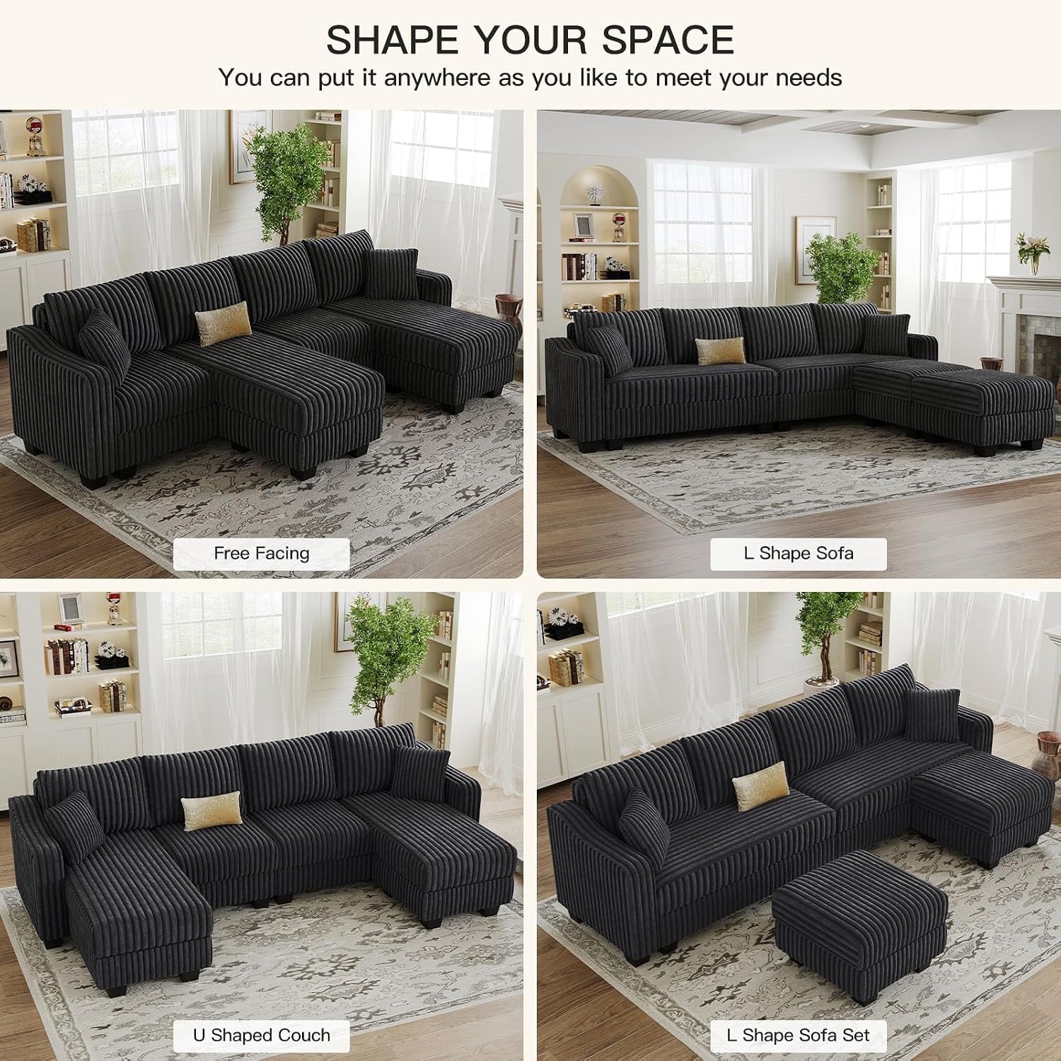 Belffin U Shaped Couch with Reversible Chaises Sectional Couches for Living Room Sectional Couch with Ottomans Corduroy (Dark Grey, U Shaped)