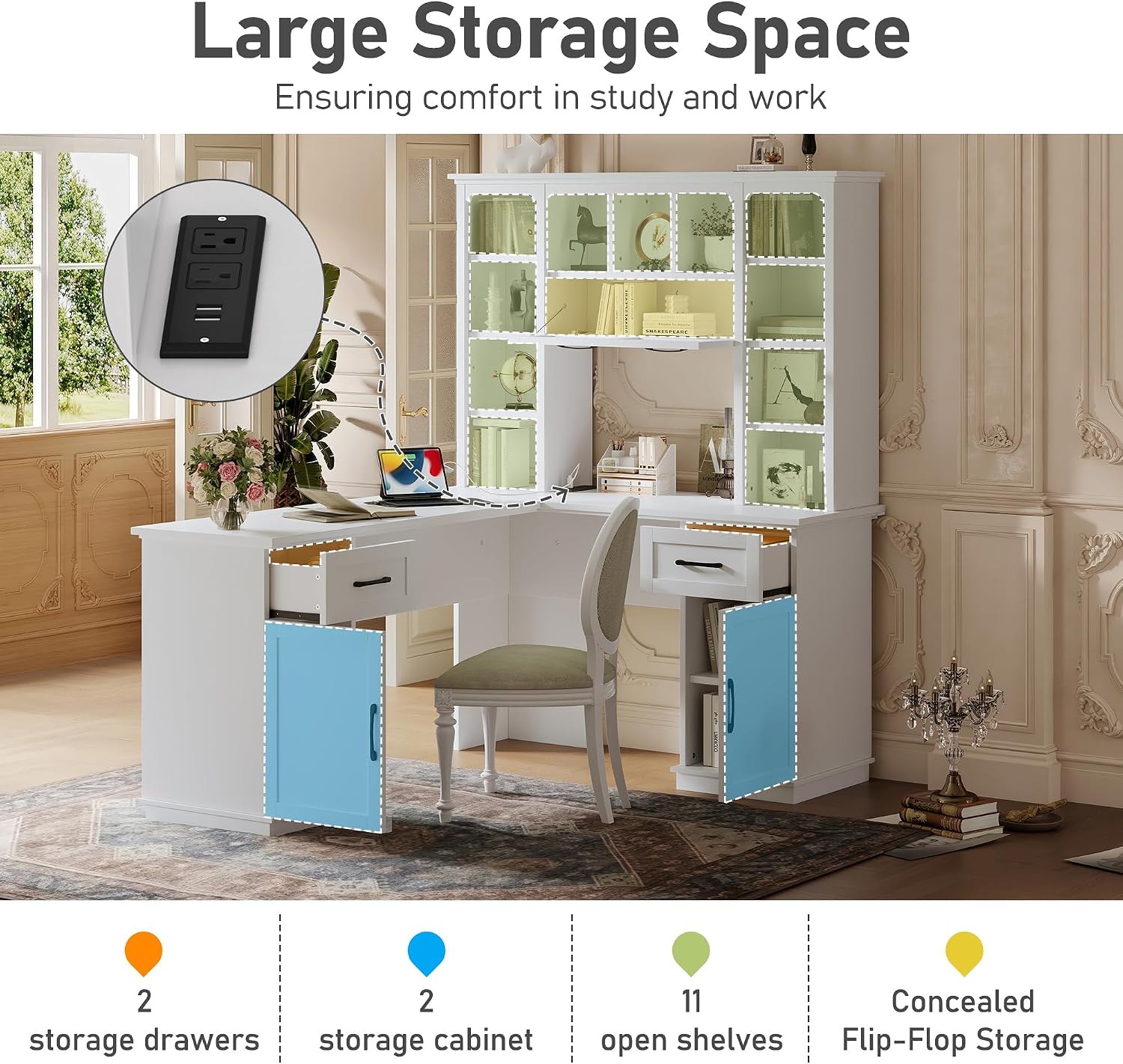 Bellemave L-Shaped Computer Desk with 2 Cabinets and 2 Drawers, Home Office Desk with 11 Open Shelves and 1 Right Flip Shelf, Corner Desk for Study, Living Room and Office (Off White