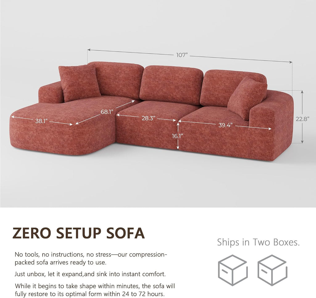 Dowinx 107'' Modular Sectional Sofa Couch with Chaise, No Assembly Required, Modern Woven-Textured Upholstery, Convertible L-Shaped Design for Living Room – Rust Brown