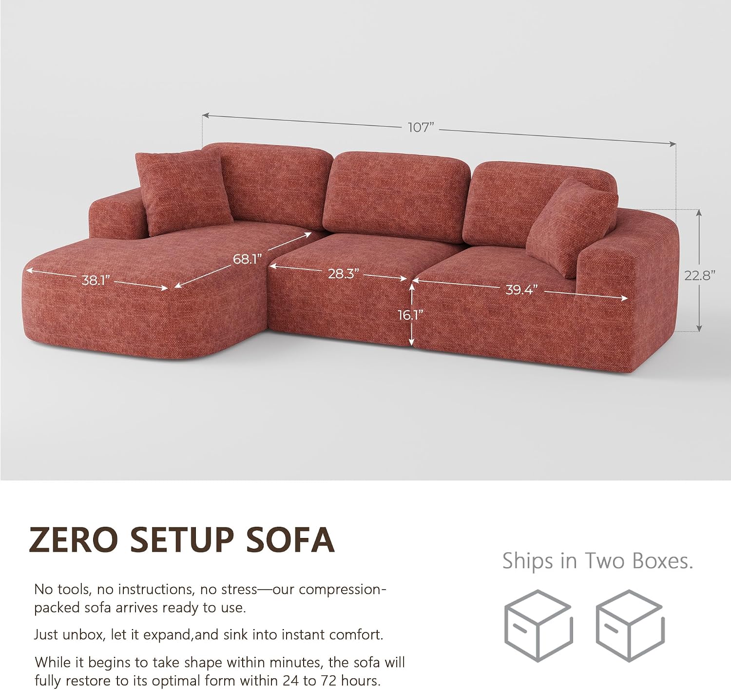 Dowinx 107'' Modular Sectional Sofa Couch with Chaise, No Assembly Required, Modern Woven-Textured Upholstery, Convertible L-Shaped Design for Living Room – Rust Brown
