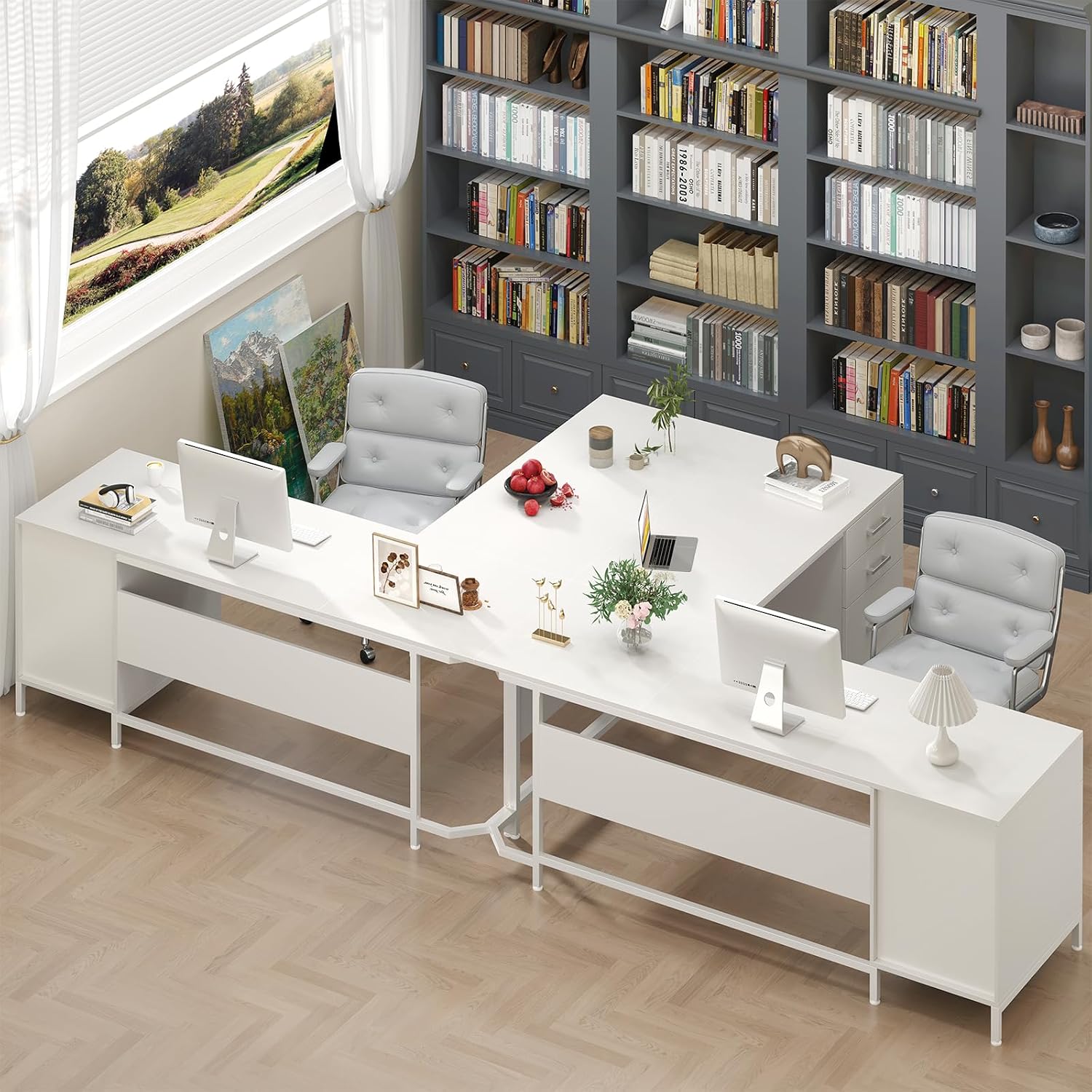 TVU 59'' L Shaped Desk with 6 Wooden Drawers, Large Home Office Corner Computer Desk with Storage File Cabinet, Modern Metal Wood Desk for Executive Writing Study Workstation, White