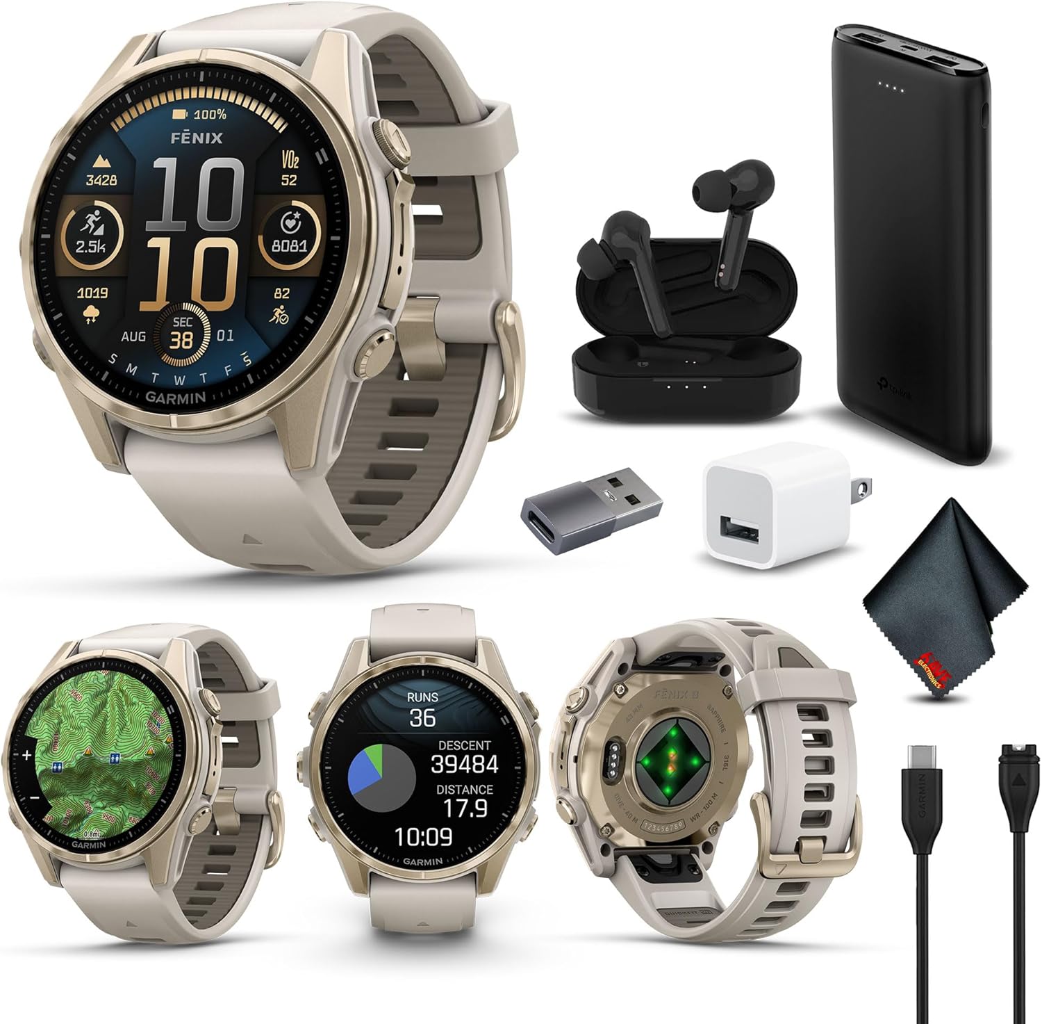 Garmin Fenix 8 43MM AMOLED Sapphire Premium Multisport GPS Smartwatch Soft Gold with Fog Gray/Sandstone Silicone Band, Built-in LED Flashlight Bundle with Accessories