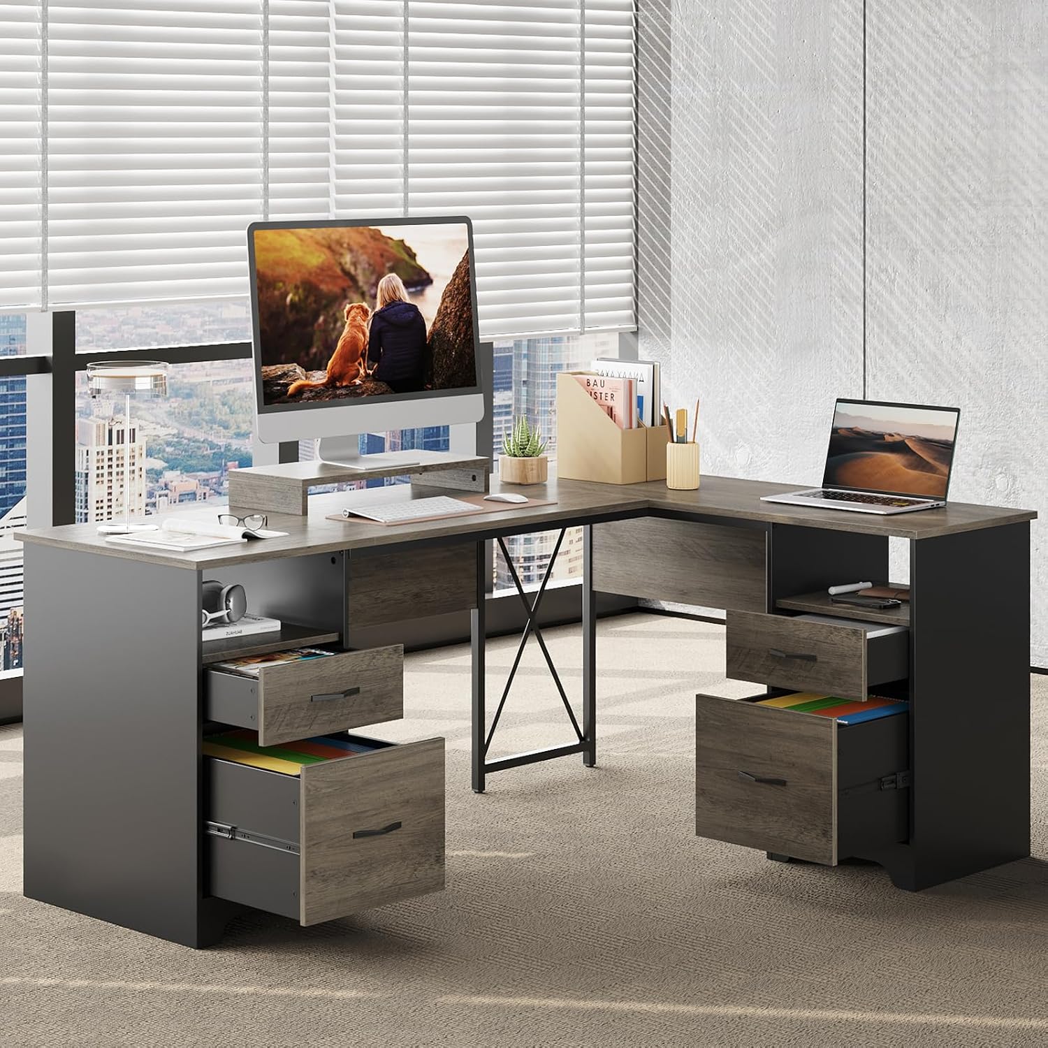 Bestier L Shaped Desk with 4 Drawers, 63' x 47' Executive Desk with Open Storage & Monitor Stand, Corner Desk with 2 File Drawers & Modesty Panel for Home Office, Gray