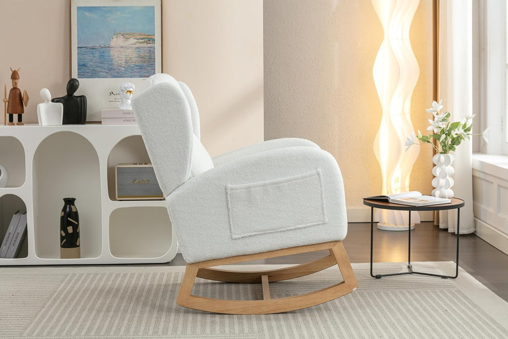 Nursery Glider Chair - Wingback Teddy Upholstered Rocking Chair with High Backrest, Ergonomic Rocker Chair for Breastfeeding & Baby Room, Modern Accent Armchair for Living Room & Bedroom, Lvory
