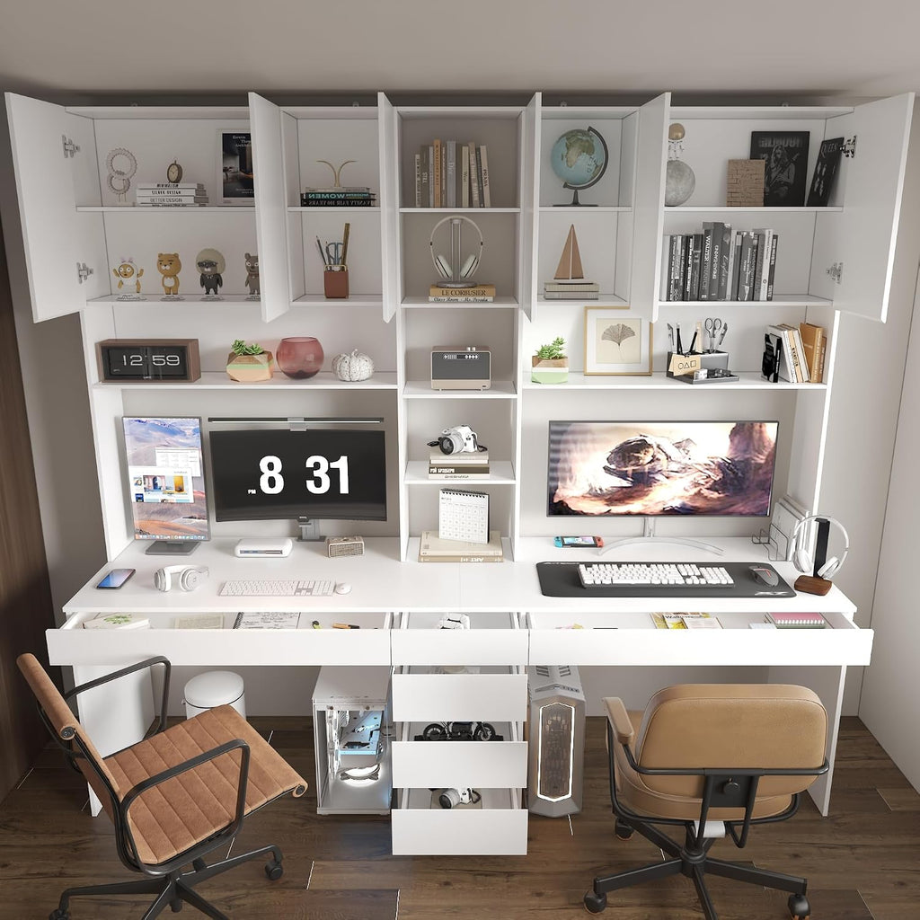 WOODTIME Large Two Person Computer Desk with Bookshelf, Study Writing Gaming Table Workstation with 6 Drawers & 15 Shelves for Home Office, White