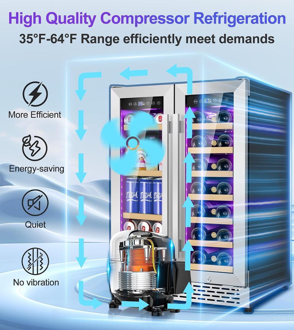 24 Inch Wine and Beverage Refrigerator, 90 Can & 21 Bottle Dual Zone Under Counter or Freestanding Wine Beverage Cooler, 3 LED Stainless-Steel Fridge with Glass Door Fast Cooling for Home/Kitchen