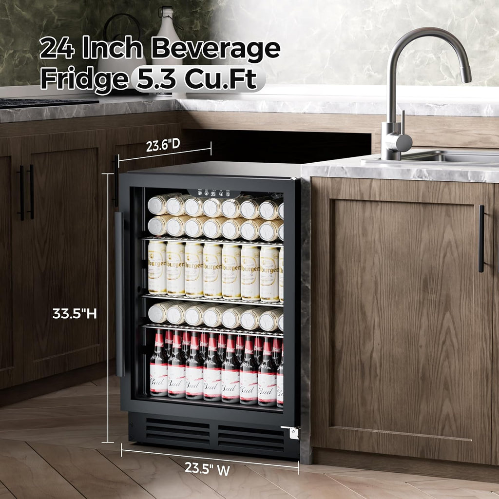 Coolake 24 Inch Wide Under Counter Beverage Refrigerator, 180 Can Capacity Beverage Cooler with Glass Door, Built in or Freestanding, Drink Fridge for Basement, Kitchen, Office