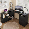 L-Shaped Desk with Drawers & Power Outlet, 180 Rotating Corner Computer Desk with Storage, 66 Inch Office Desk with 5-Drawer, Space-Saving Modern L-Shaped Workstation for Home Office