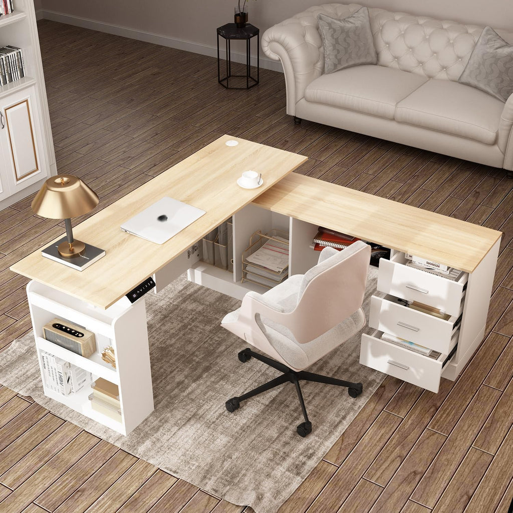 Homsee Home Office L Shaped Electric Standing Desk with Drawers and Shelves, Height Adjustable Stand up Desk, 63' Computer Executive Corner Table, Oak & White