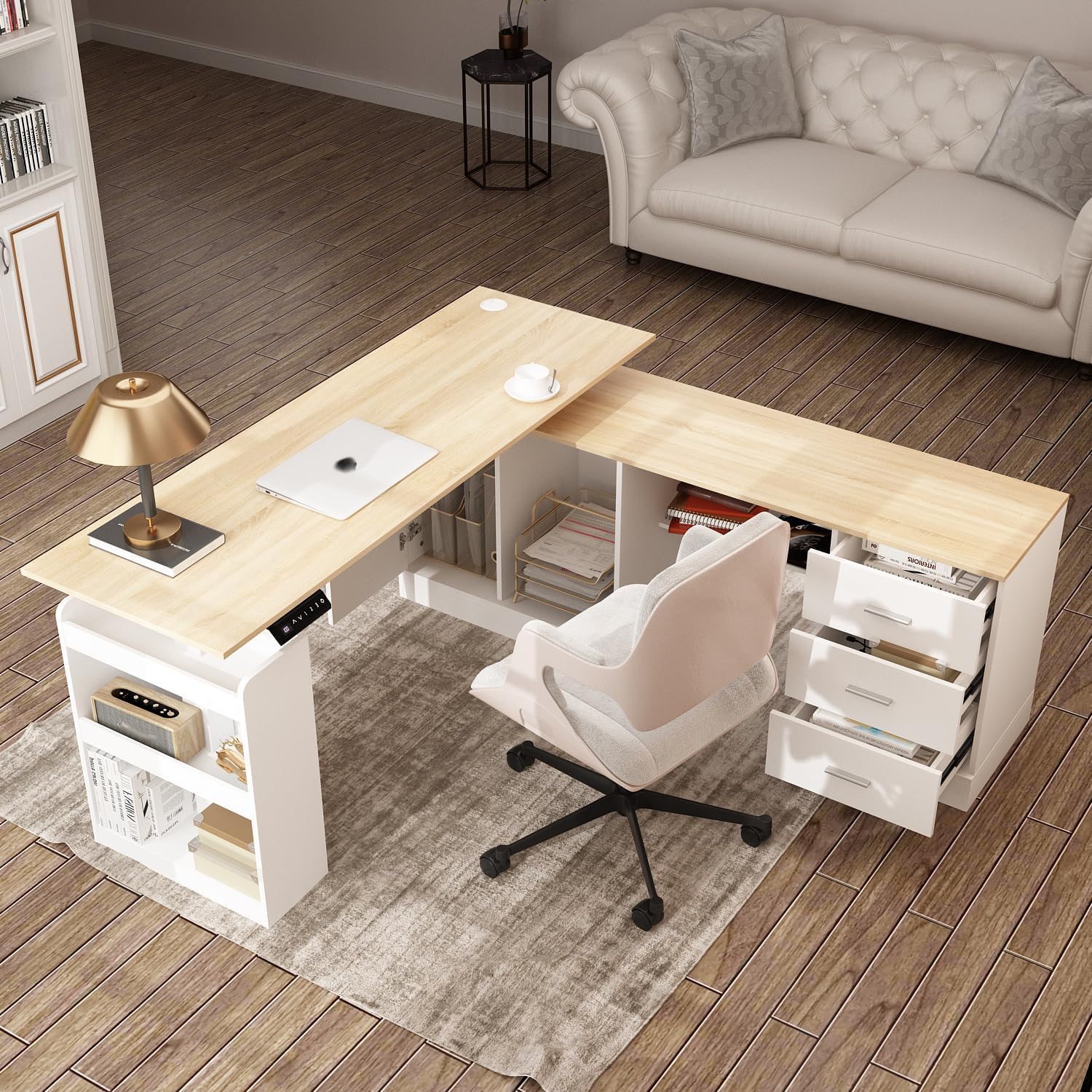 Homsee Home Office L Shaped Electric Standing Desk with Drawers and Shelves, Height Adjustable Stand up Desk, 63' Computer Executive Corner Table, Oak & White