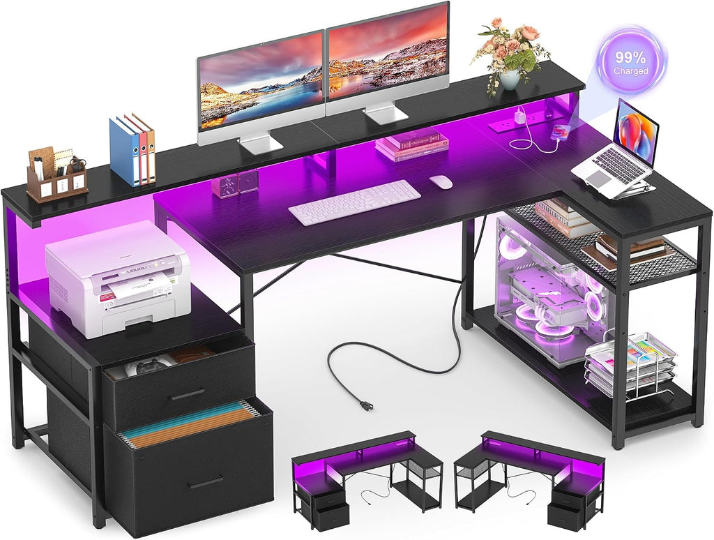 Aheaplus L Shaped Desk with File Drawer, Reversible L Shaped Computer Desk Gaming Desk with Power Outlet & LED Strip, Home Office Desk with Monitor Shelf, Corner Desk with Storage Shelves, Black