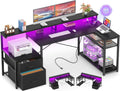 Aheaplus L Shaped Desk with File Drawer, Reversible L Shaped Computer Desk Gaming Desk with Power Outlet & LED Strip, Home Office Desk with Monitor Shelf, Corner Desk with Storage Shelves, Black