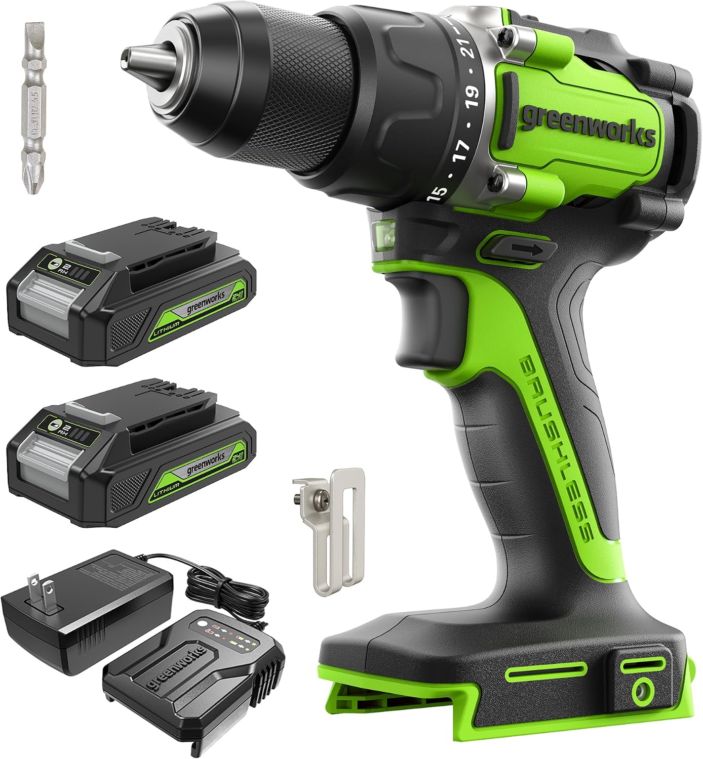 Greenworks 24V Brushless Cordless Compact 1/2 in. Drill/Driver Kit (Keyless Ratcheting Metal Chuck /530 in.-lbs. /21+1 Clutch Position/LED Light), 2×2Ah Battery and Fast Charger Included