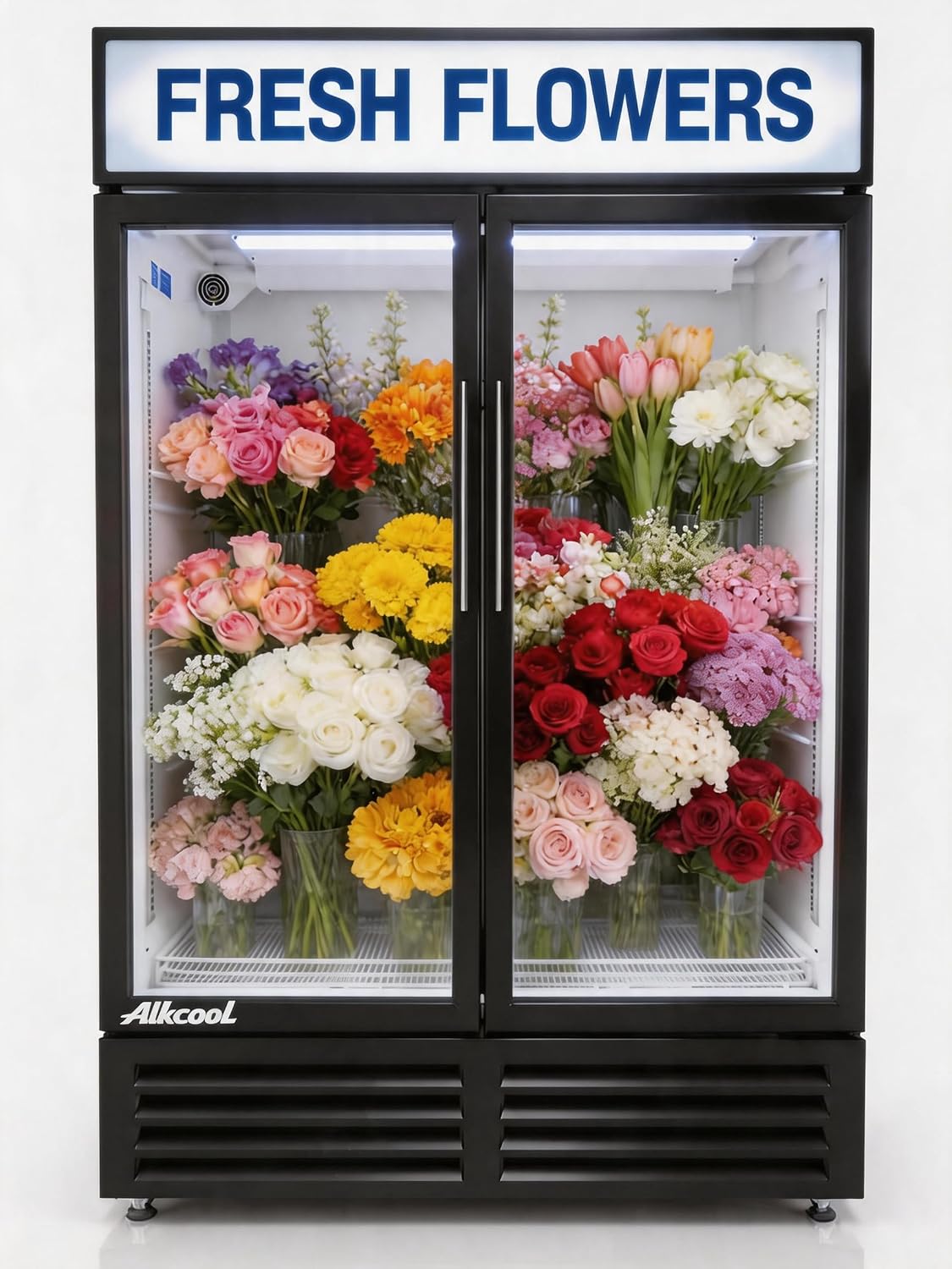 Commercial Flower Beverage Refrigerator Floral Display Fridge,Two Glass Door Drink Cooler with LED Light Adjustable Shelves,ETL Sanitation,46 Cu Ft,54' Wide,Wheels Included