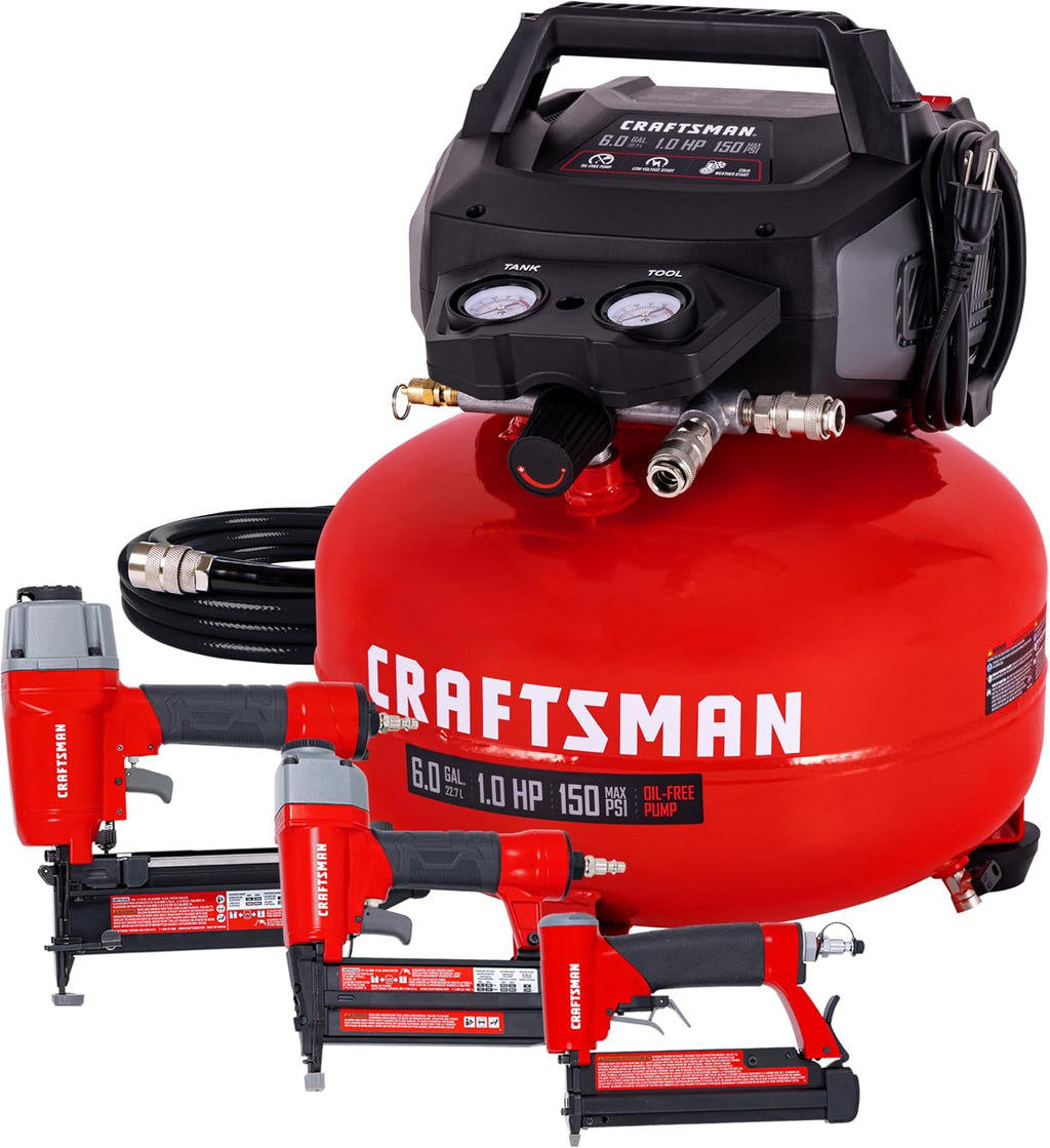Craftsman 6-Gallon Pancake Air Compressor 4-Tool Combo Kit, 150 PSI, Oil-Free, Includes 16GA Finish Nailer, 18GA Brad Nailer, 23GA Pin Nailer & 25-Ft Air Hose, Model CMXECXA0210641K