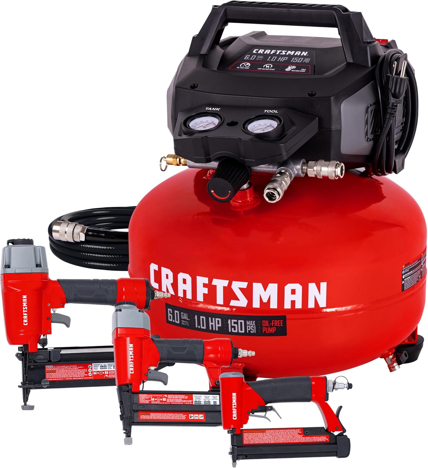 Craftsman 6-Gallon Pancake Air Compressor 4-Tool Combo Kit, 150 PSI, Oil-Free, Includes 16GA Finish Nailer, 18GA Brad Nailer, 23GA Pin Nailer & 25-Ft Air Hose, Model CMXECXA0210641K