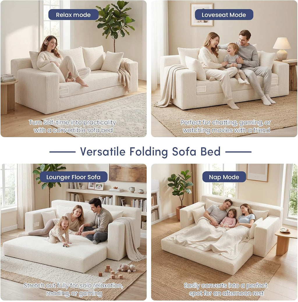 3 Seater Boneless Couch for Living Room, Convertible Futon Sofa Bed Comfy Pull Out Couch with 5 Pillows & Detachable Washable Cover, Upholstered Floor Sofa in A Box, No Assembly Required, Beige