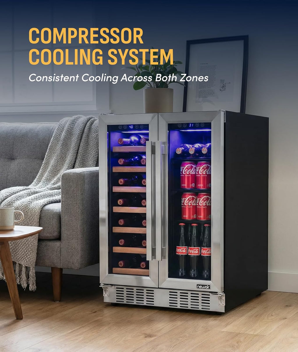 NewAir 24' Dual Zone Beverage Refrigerator & Wine Cooler for 20 Bottles & 78 Cans | Freestanding or Built-In Under Counter Mini Fridge for Beer, Wine and Soda | Stainless Steel