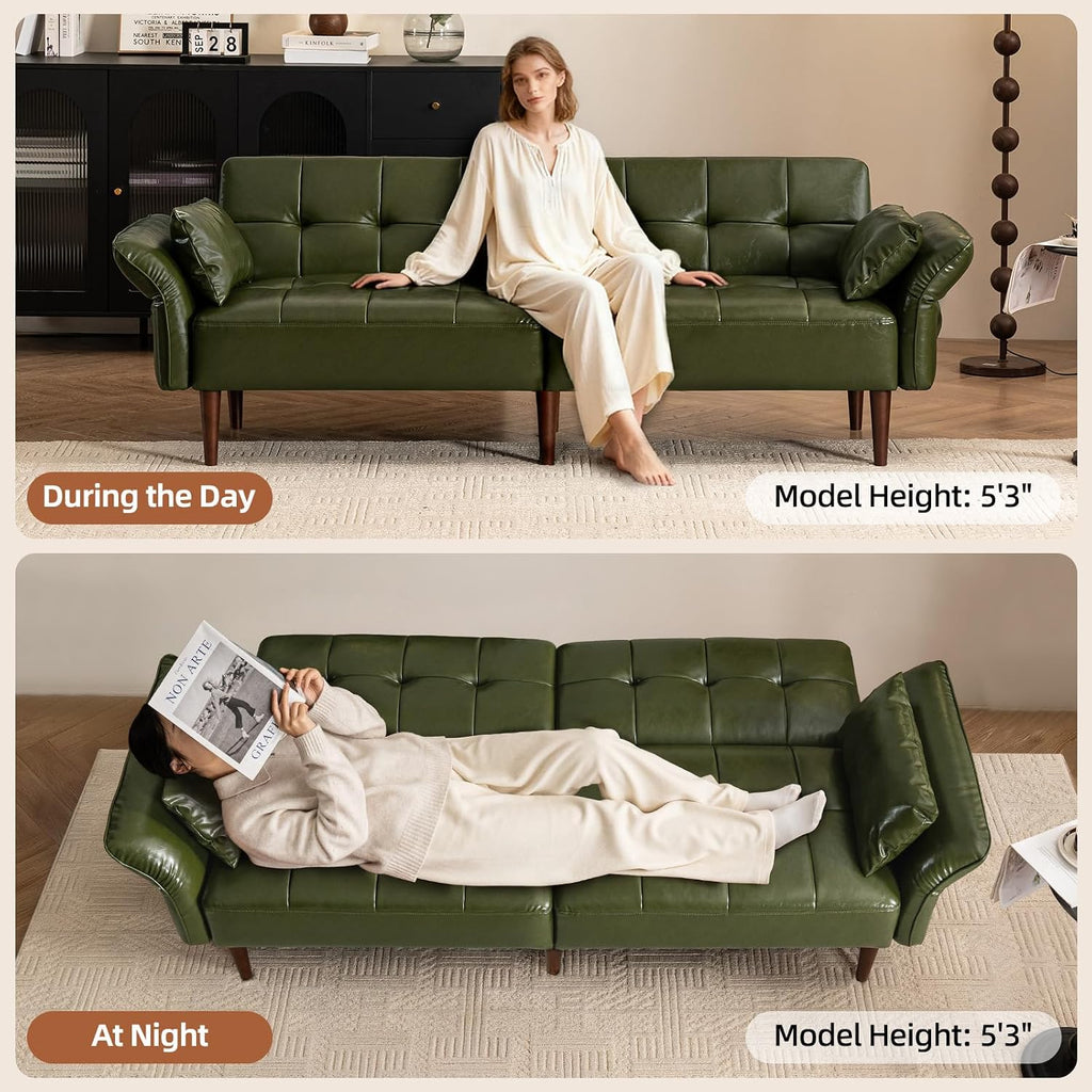 HALLYBEE Futon Sofa Bed, Sleeper Sofa, Small Couch with Storage Adjustable Armrests Pillows, Faux Leather Loveseat, Mid Century Modern Couches for Living Room, Bedroom, Apartment, Olive Green