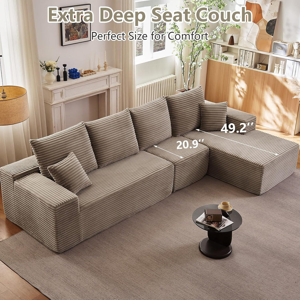 135' Cloud Sectional Couch with L-Shape Chaise, Modern Modular Comfy Sofa Chaise Longue, Upholstered Corduroy Couches Sleeper with Deep Seat for Living Room Bedroom, No Assembly Required, Camel