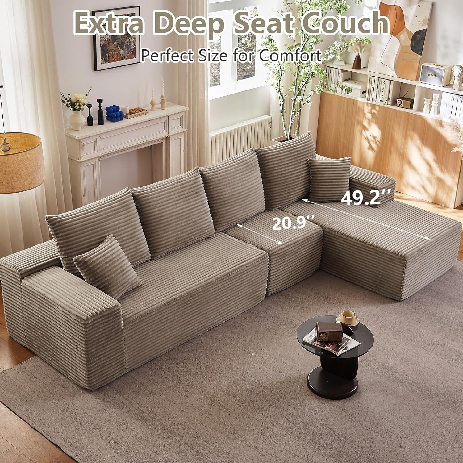 135' Cloud Sectional Couch with L-Shape Chaise, Modern Modular Comfy Sofa Chaise Longue, Upholstered Corduroy Couches Sleeper with Deep Seat for Living Room Bedroom, No Assembly Required, Camel