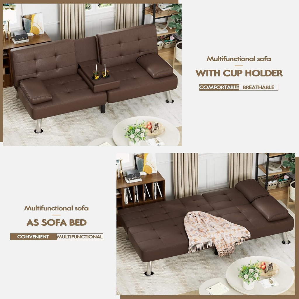 Homall Futon Sofa Bed, Leather Futon Couch with Removable Armrests, Adjustable Recliner Sleeper Sofa Bed with Dual Cup Holders for Living Room, Apartment, Office (Brown)