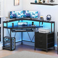 YOMILUVE Small Corner Desk with Drawers, Corner Gaming Desk with Power Outlets & Printer Shelf for Small Space, Triangle Computer Desk with LED Lights, Keyboard Tray and Monitor Stand, Black