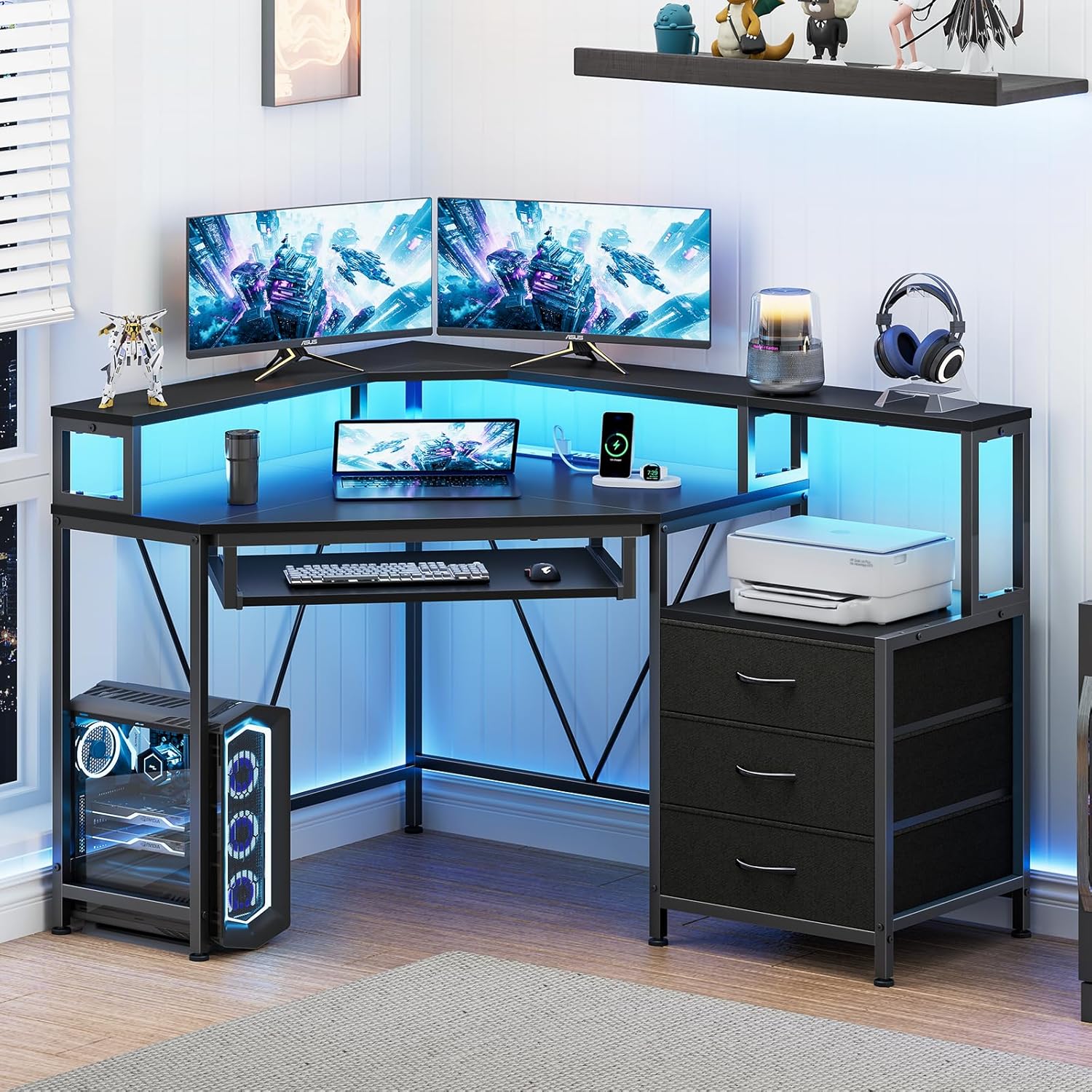 YOMILUVE Small Corner Desk with Drawers, Corner Gaming Desk with Power Outlets & Printer Shelf for Small Space, Triangle Computer Desk with LED Lights, Keyboard Tray and Monitor Stand, Black