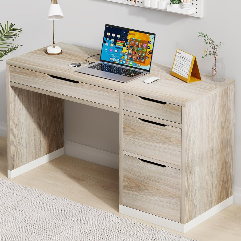 MaverickFurni 52 Inch Desk with 4 Drawers, Computer Desk with Storage File Drawer for Bedroom, Small Office Desk with Storage for Small Space, Light Walnut