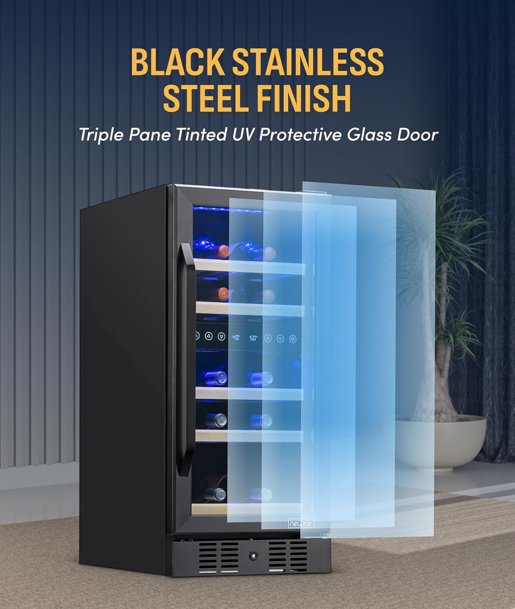 NewAir 15' Dual Zone Wine Fridge for 29 Bottles | Built-In or Freestanding Wine Cooler Refrigerator with Glass Door | Precision Cooling & Wood Shelves for Red and White Wines | Black Stainless Steel