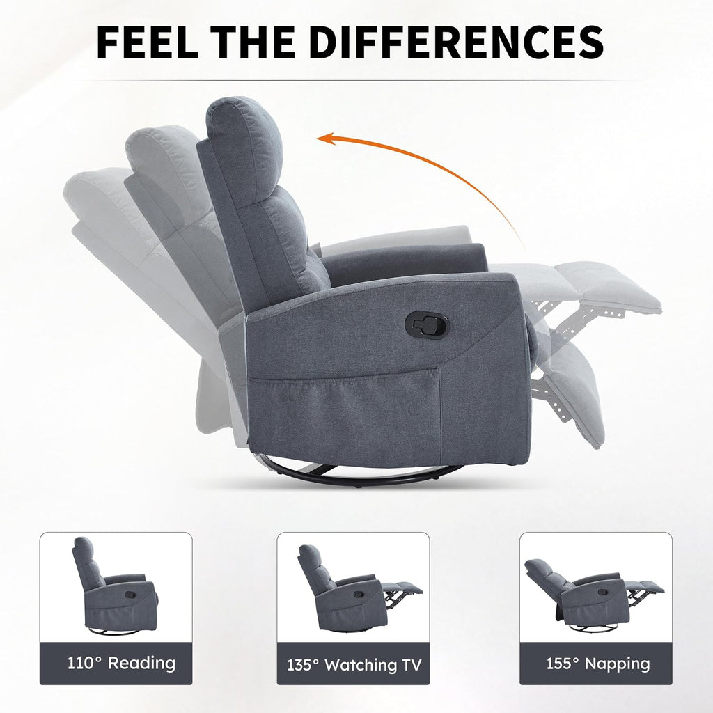 360° Swivel Rocking Chair for Nursery, Manual Glider Chair Nursing Chair with Side Pockets, Polyester Glider for Living Room, Heavy Duty Motion Mechanism, Gray