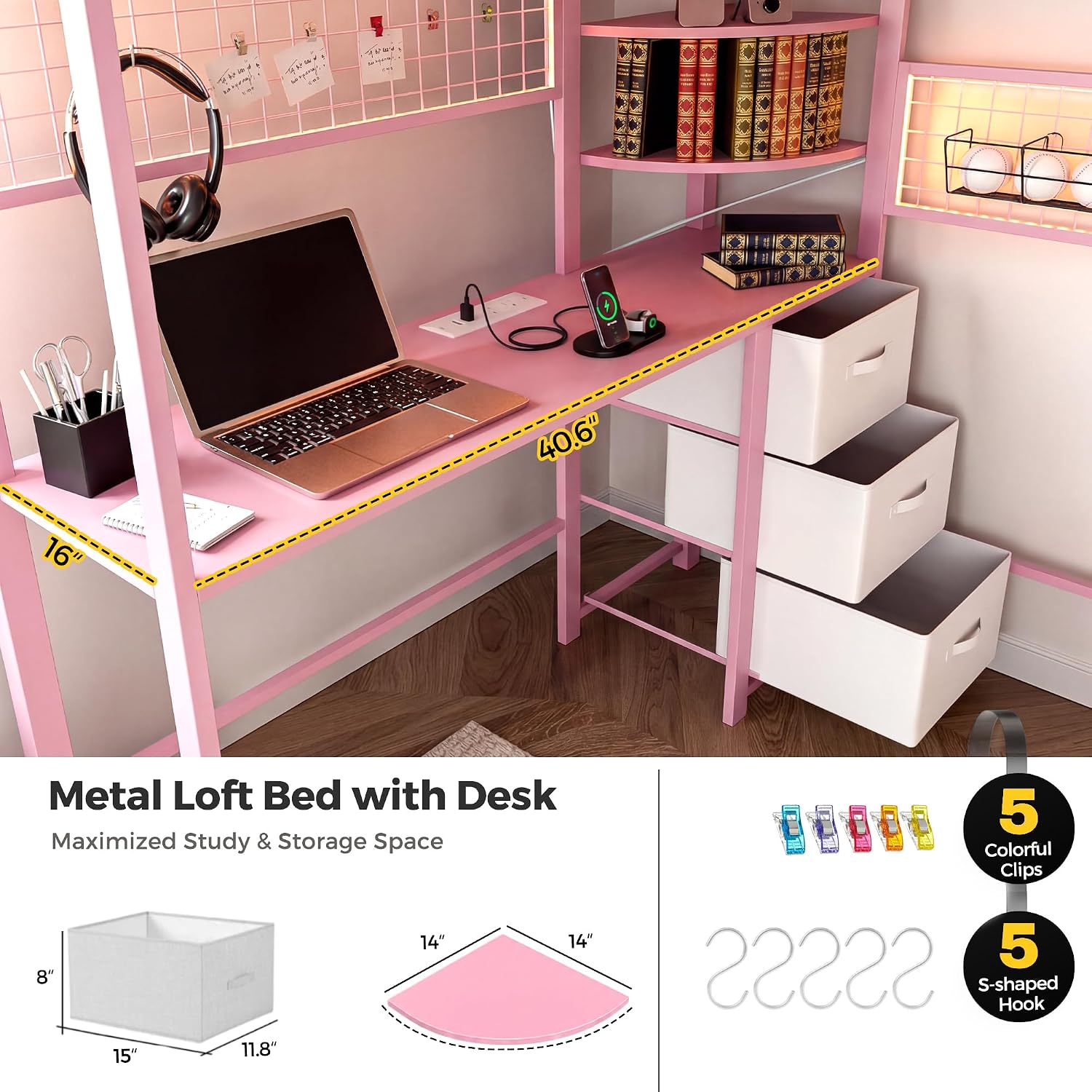 Kikihouse Twin Size Loft Bed with Desk and Stairs, Headboard, Wardrobe, Bedside Storage Shelf, 6 Drawers, Charging Station & LED Light, Metal Gaming Loft Bed Frame for Adult Space-Saving