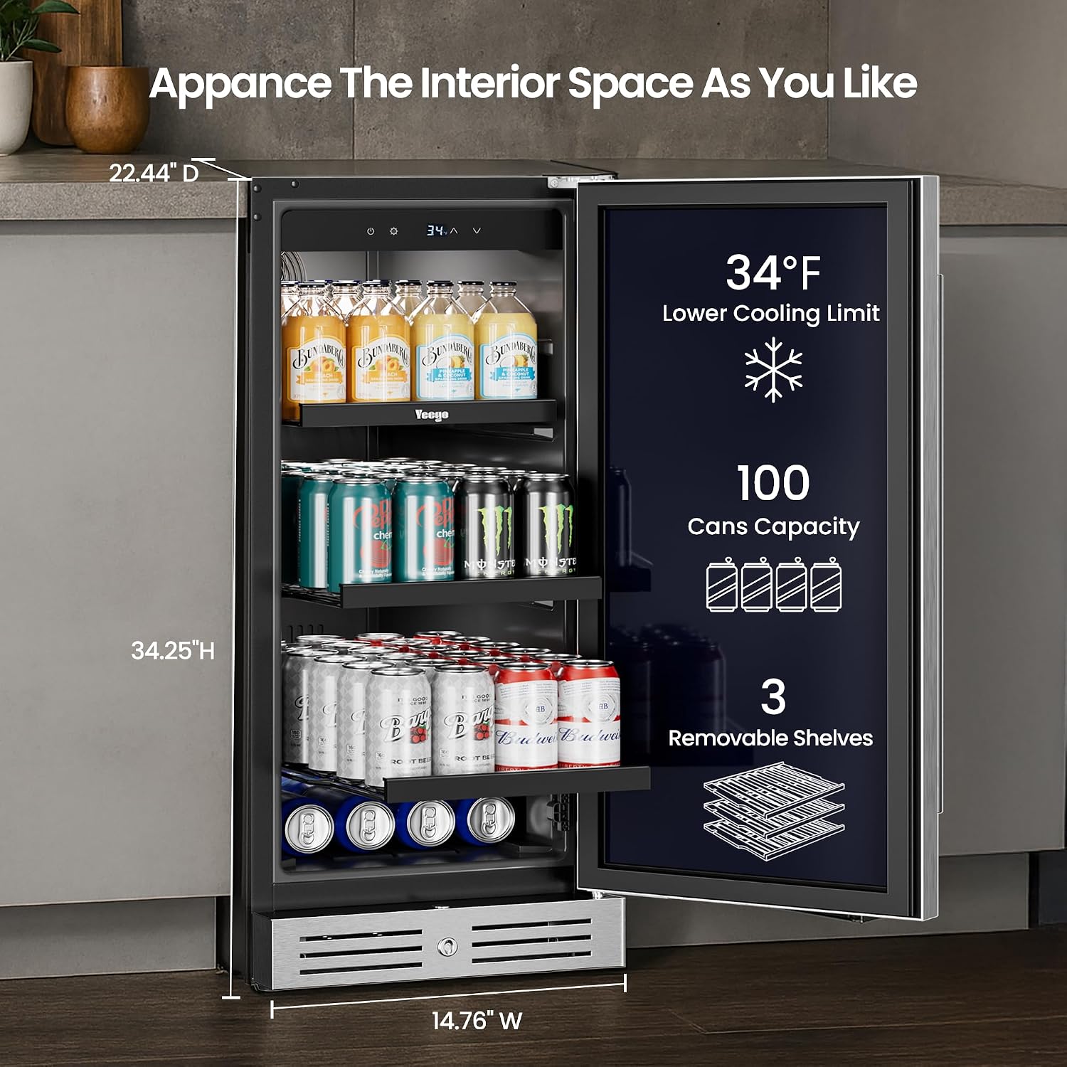 Yeego 15 Inch Beverage Refrigerator, 100 Can Beverage Cooler, Under Counter or Freestanding Drink Fridge with Lock, Auto Defrost, Digital Touch Control, Stainless Steel for Indoor & Covered Outdoor