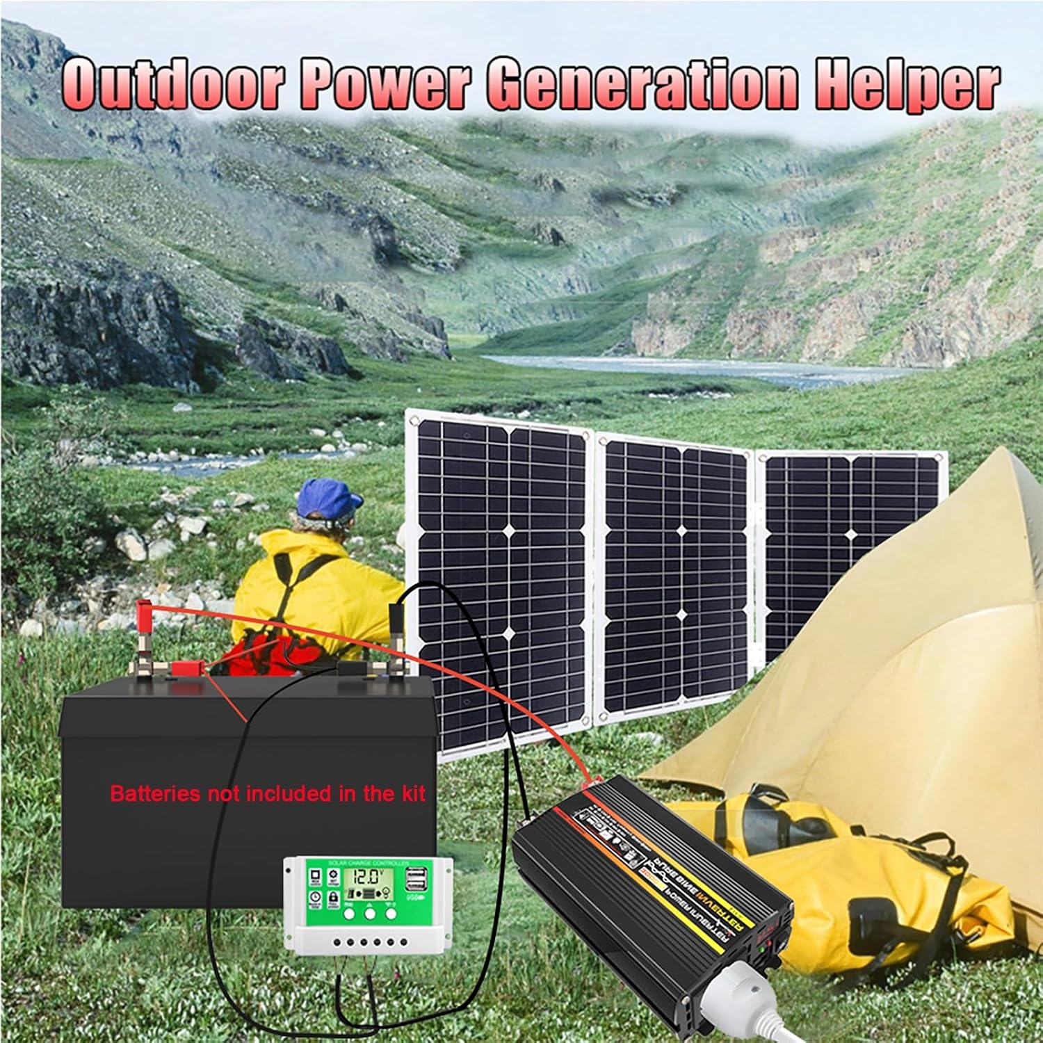 3000W Solar Power System Kit with 75W Folding Solar Panel, 12V to 220V Inverter, 50A Controller, Portable Solar Generator for Home and Outdoor Use (Yellow)