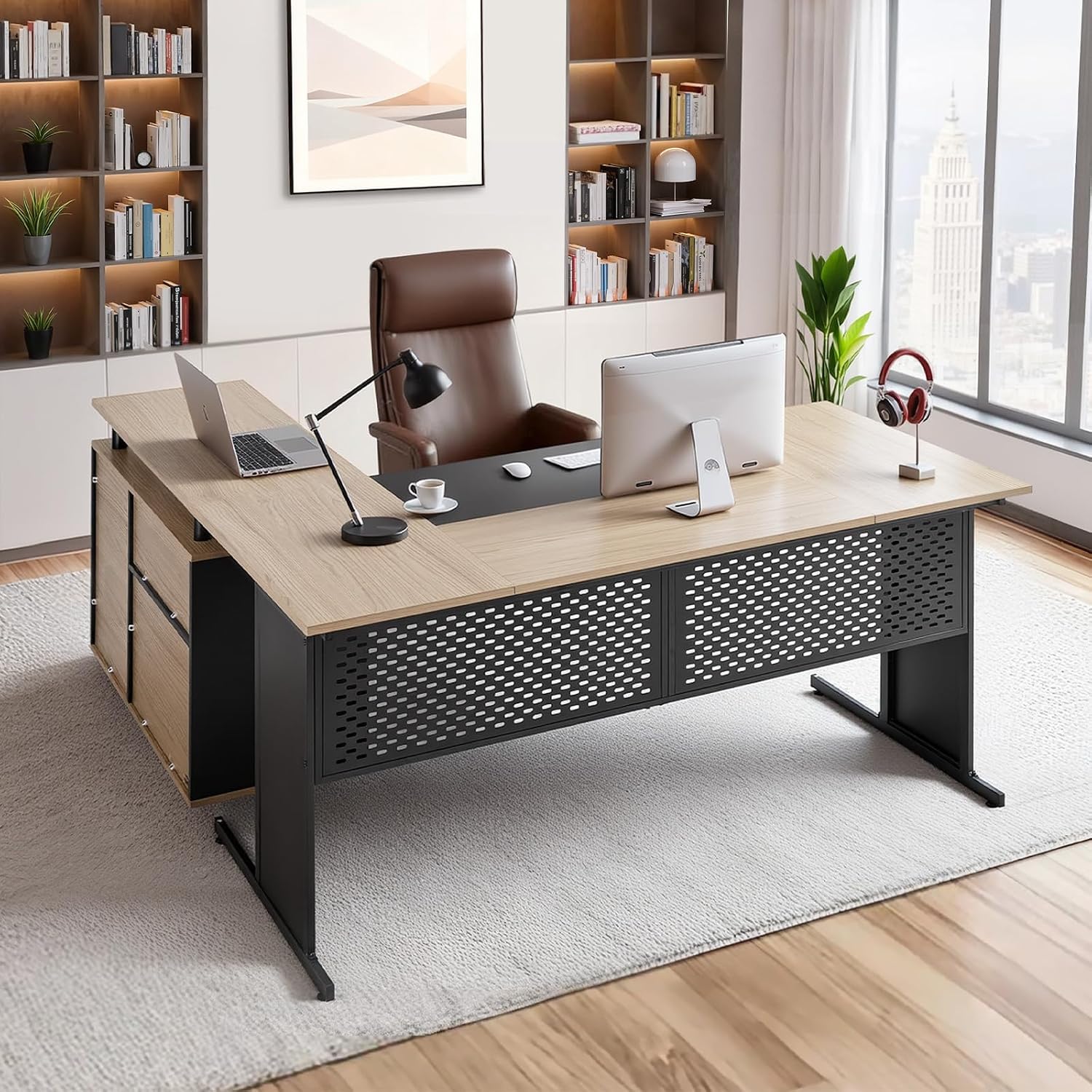 VEVOR 63' L-Shaped Executive Desk, Large Office Desk with Drawers, File Storage Cabinet, Detachable 350 LBS Load Capacity Corner Table, Easy Assembly, Business Furniture Workstation for Home Office
