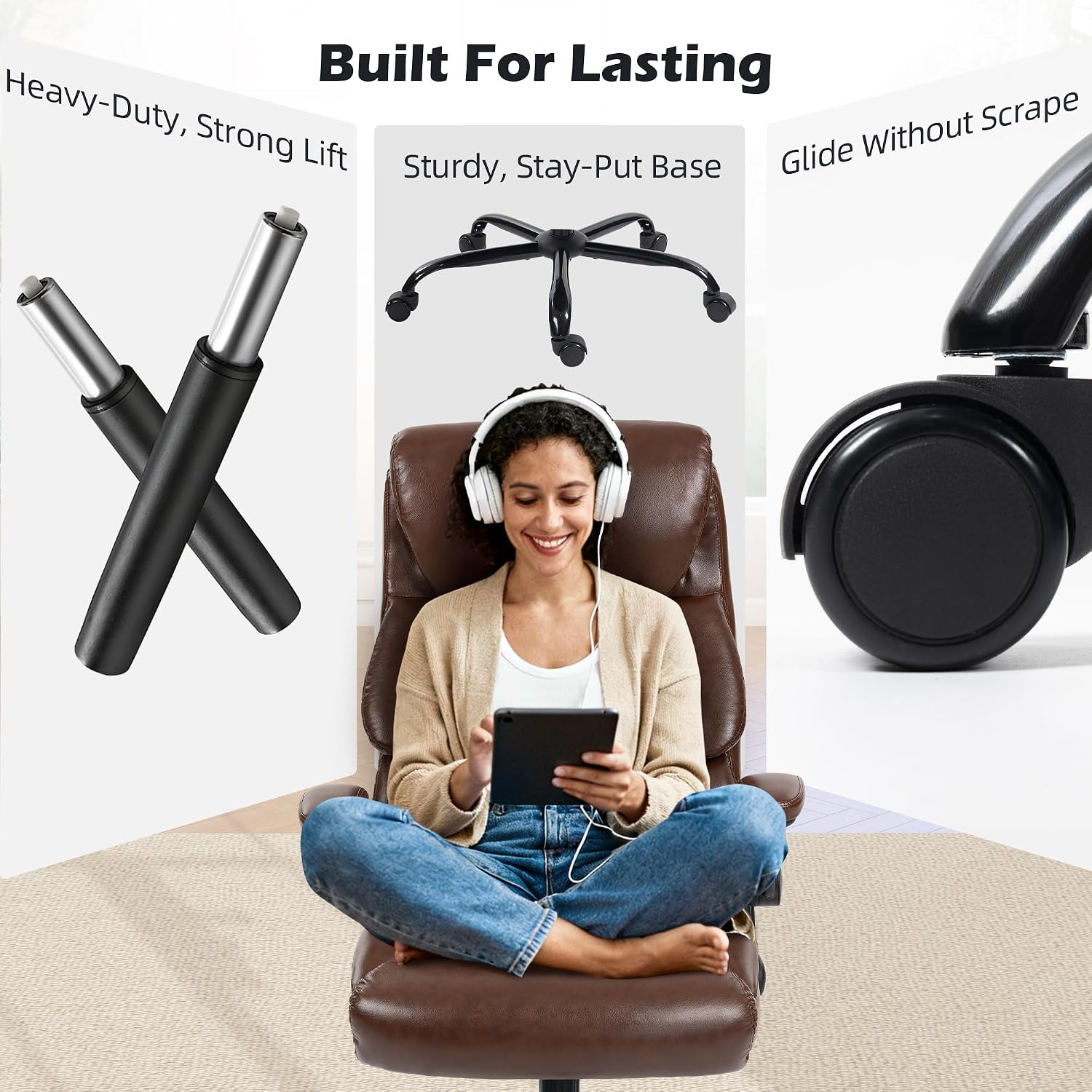 Office Chair - Ergonomic High Back Computer Desk Chair with Rocking Function & Lumbar Support - Executive Comfortable Wide Swivel Rolling Office Leather Chair with Flip-up Armrests for Home Gaming