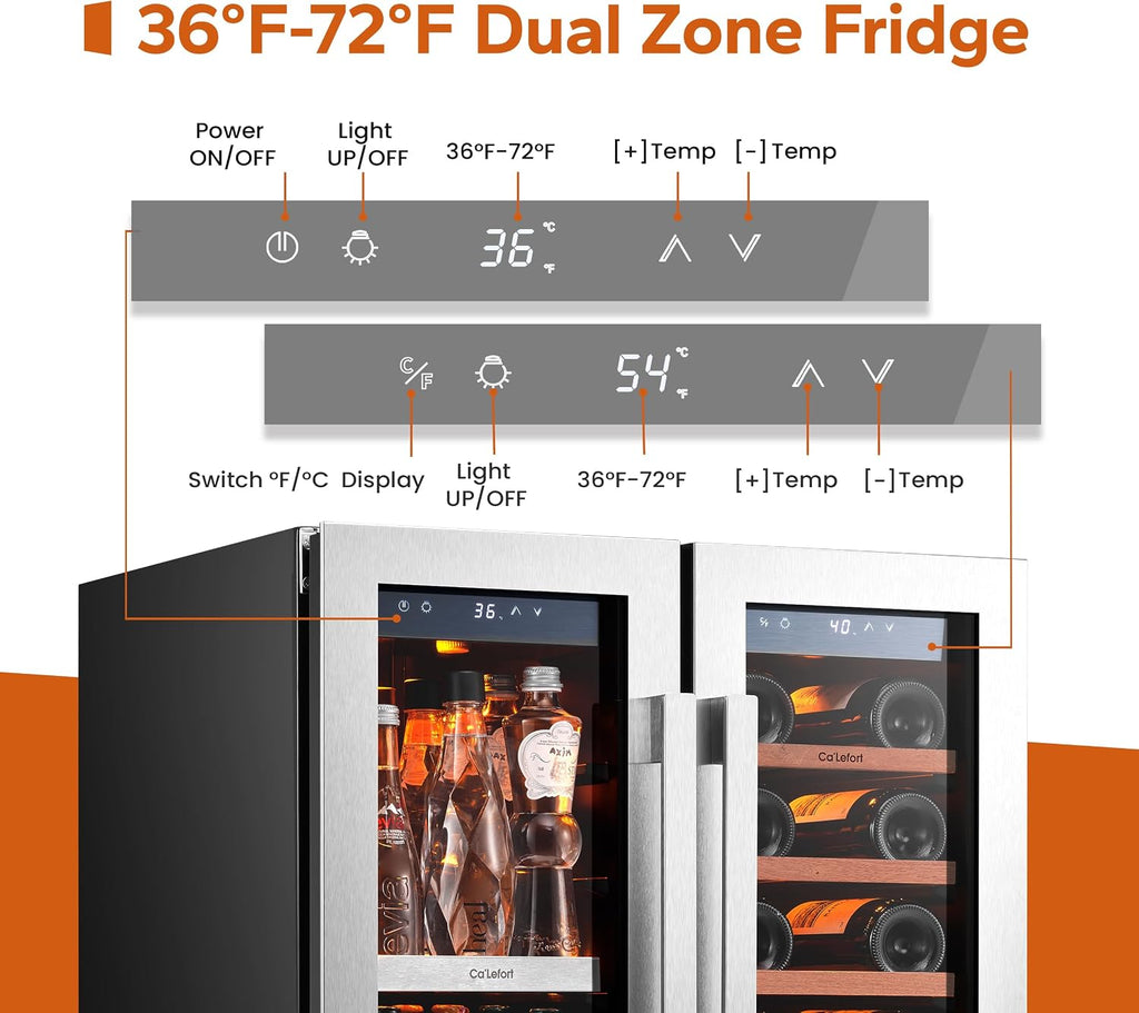 Ca'Lefort 24in Wine Fridge & Beverage Refrigerator with 3 Color LED Lights, Independent Dual Temp Zone Mini Fridge, Built-in/Freestanding Cooler for Wine/Beer Lovers, for Home, Kitchen, Office, Bar