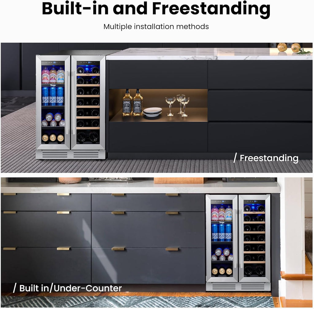 Yeego Wine and Beverage Refrigerator, 24 Inch Dual Zone Wine Fridge, Built-in or Freestanding Wine Cooler with Glass Doors, Under Counter Drink Fridge for Wine/Beer/Soda/Water