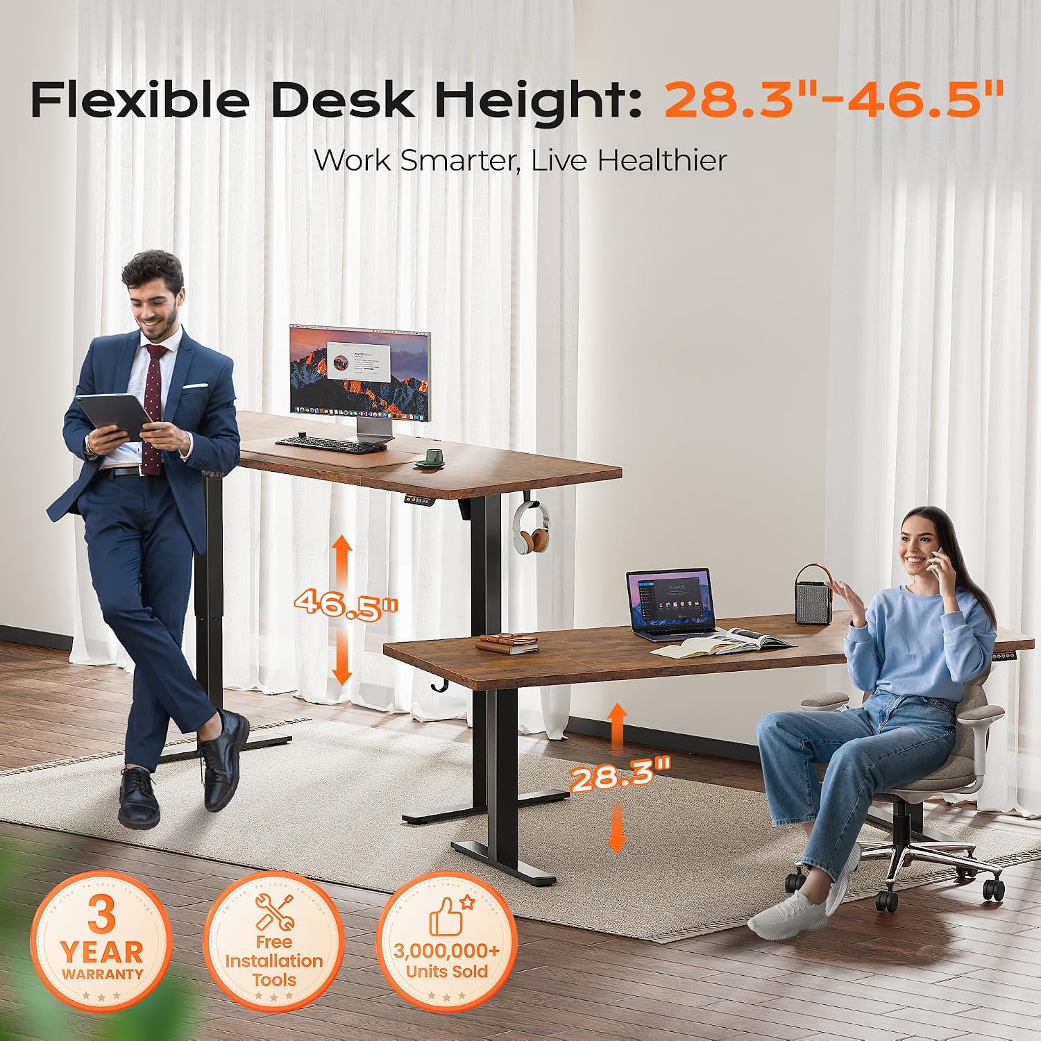 Huuger 71 x 30 Large Electric Standing Desk, Height Adjustable Computer Desk, 29.5' Deep Desktop, Stand up Gaming Office Table with 2 Hooks, 3 Preset Heights, for Home Office, Rustic Brown