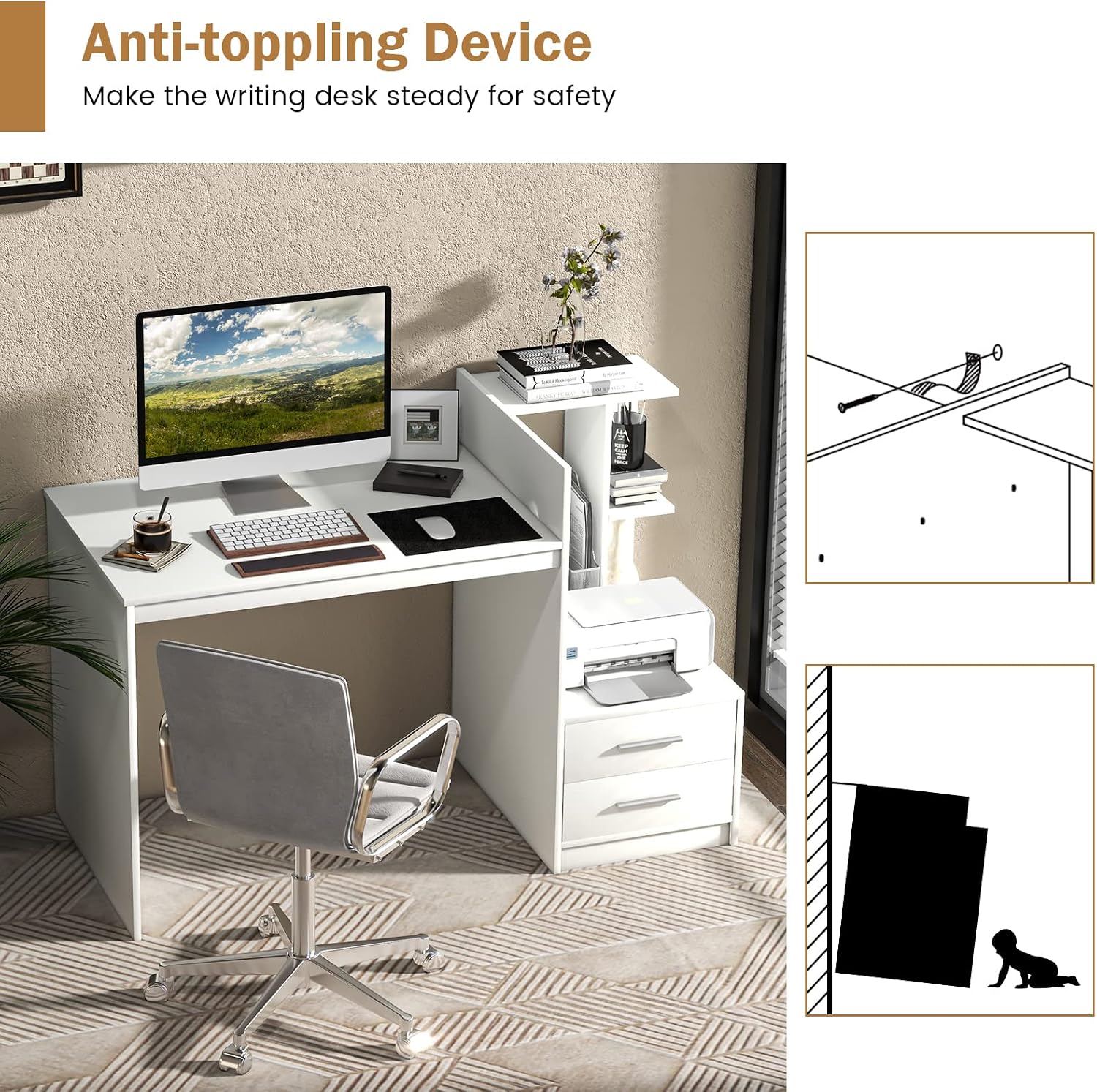 Tangkula White Desk with 2 Storage Drawers & Bookshelf, Home Office Desk with Corner Bookshelf & Printer Stand, Small Writing Study Desk for Small Space, Modern Vanity Table for Bedroom (White)