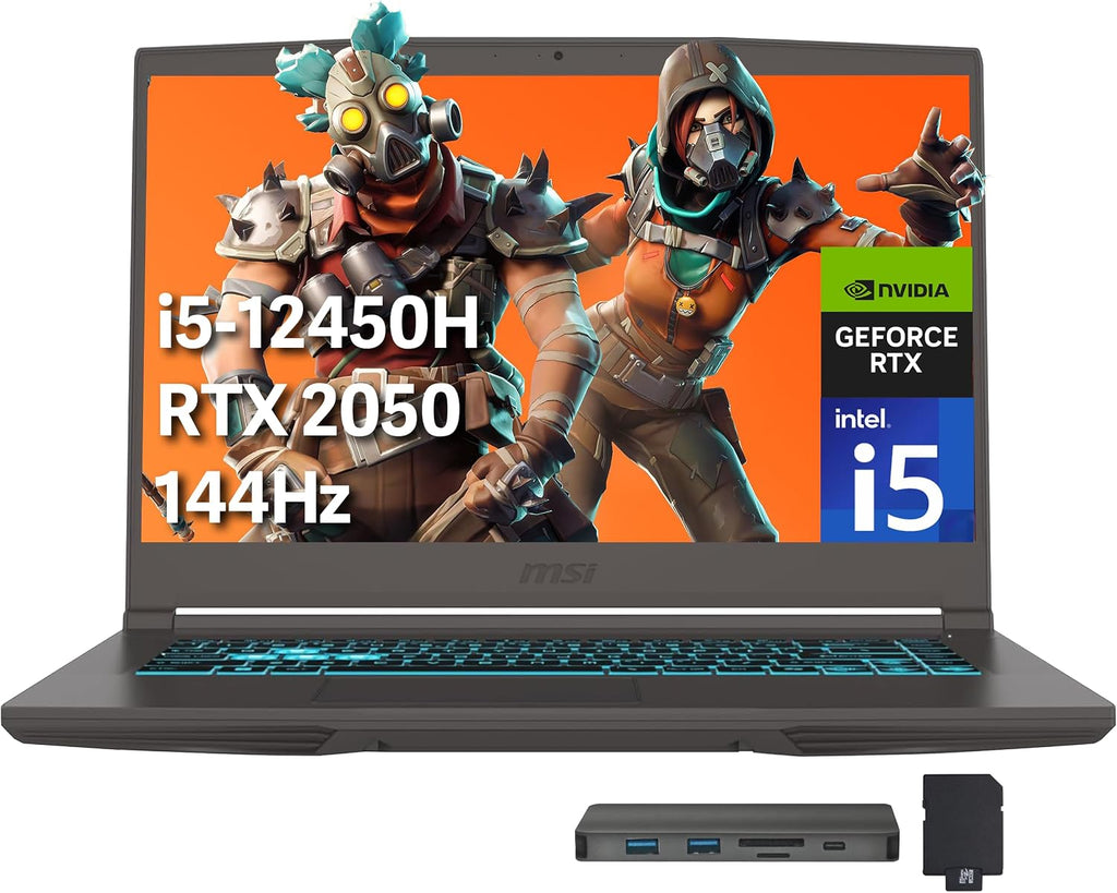 msi Thin 15 15.6' FHD IPS 144Hz Gaming Laptop, Intel i5-12450H, 32GB RAM, 2TB PCIe SSD, NVIDIA GeForce RTX 2050, Backlit Keyboard, WiFi 6, Black, Win 11 Home, 256GB Docking Station Set
